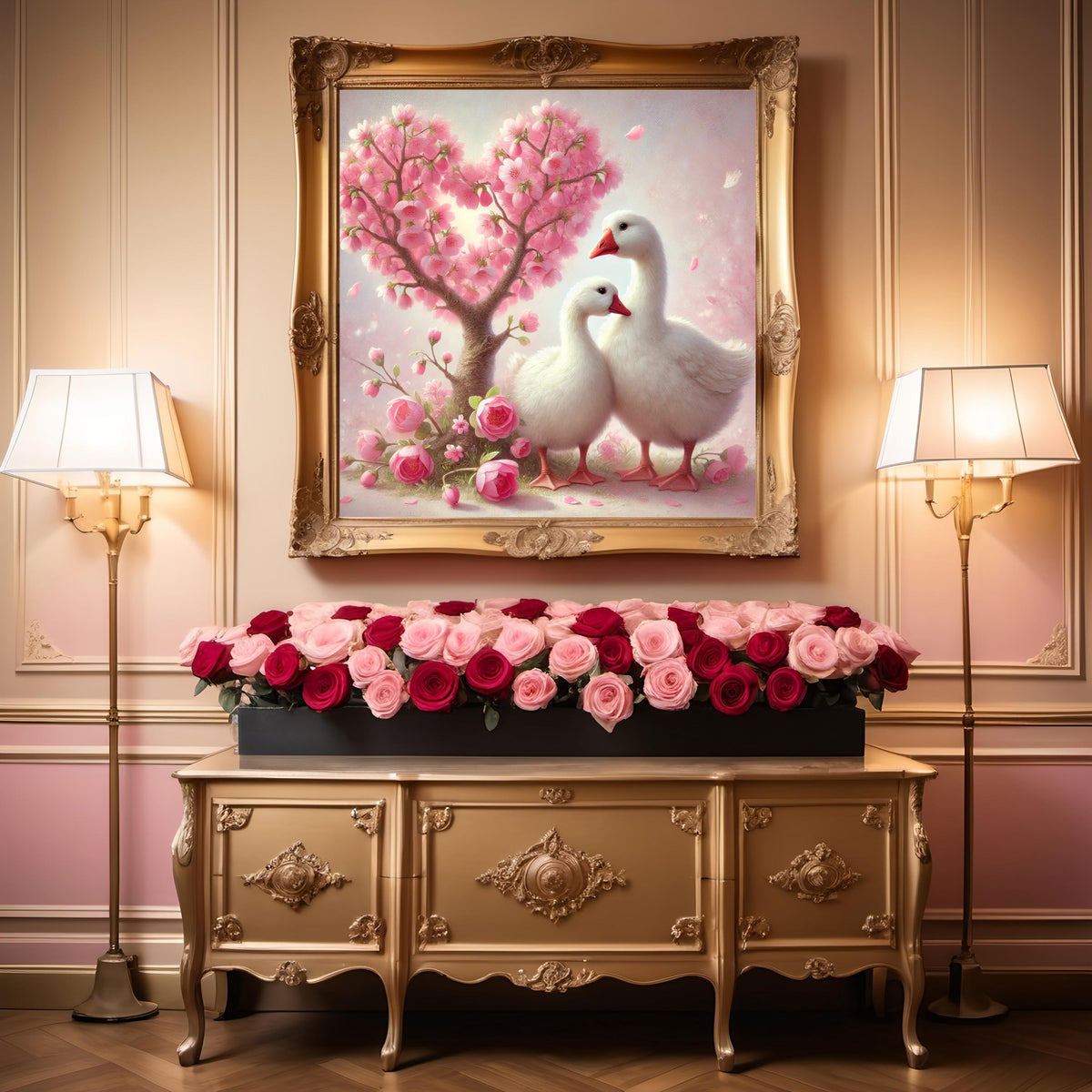 Goose Couple Art Print | Pink Blossom Tree, Romantic Nursery (Digital Download)