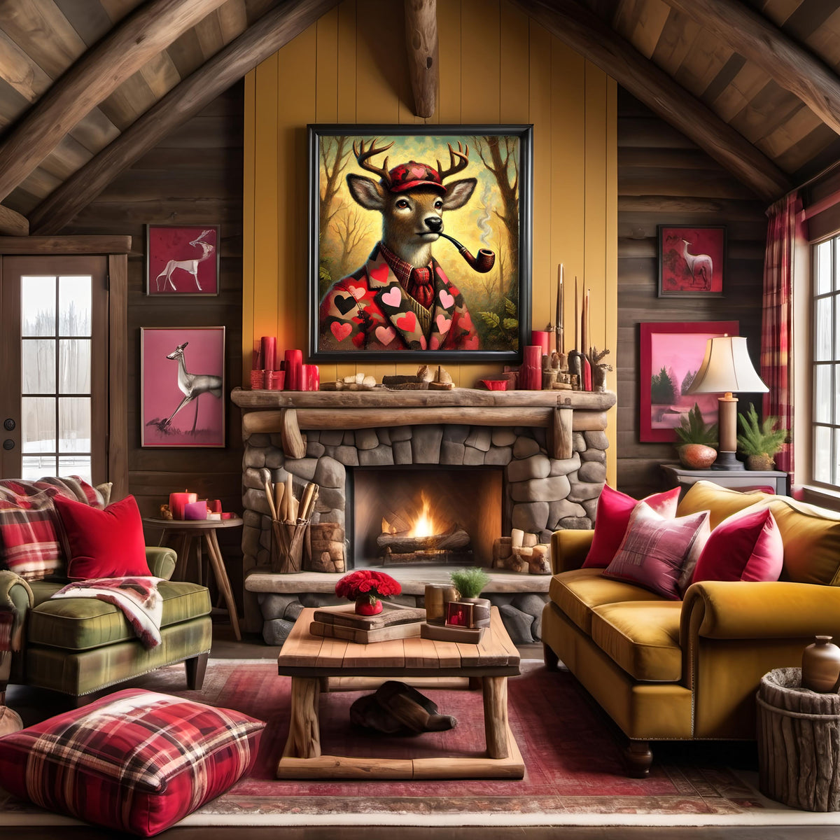 Vintage Valentine Camo Deer Wall Art Romantic Lodge Decor Anthropomorphic Animal Painting Digital Download