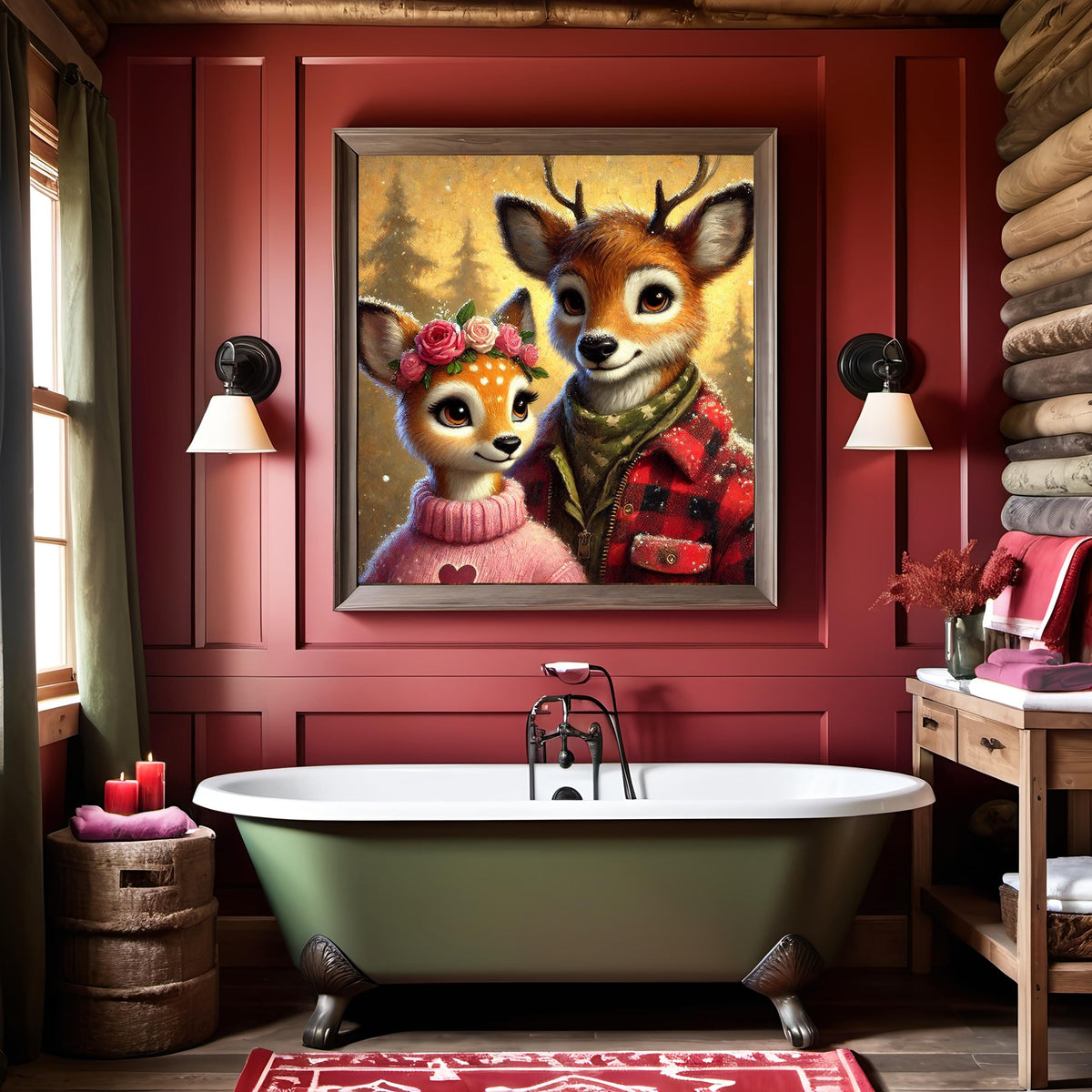 Deer Couple Valentine Portrait, Winter Woodland Animal Art (Digital Download)
