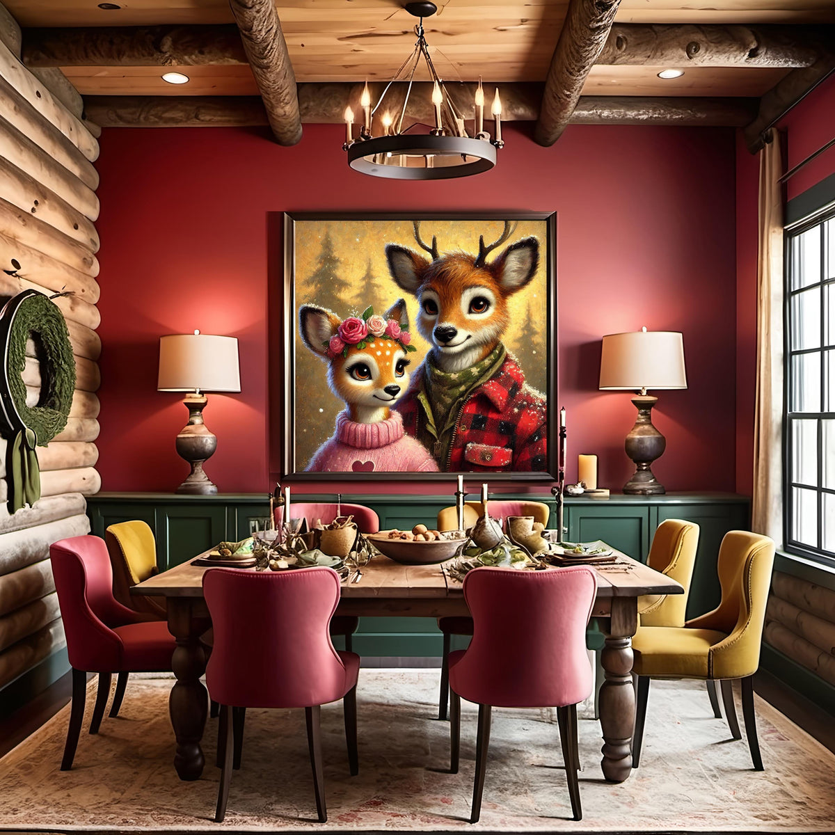 Deer Couple Valentine Portrait, Winter Woodland Animal Art (Digital Download)
