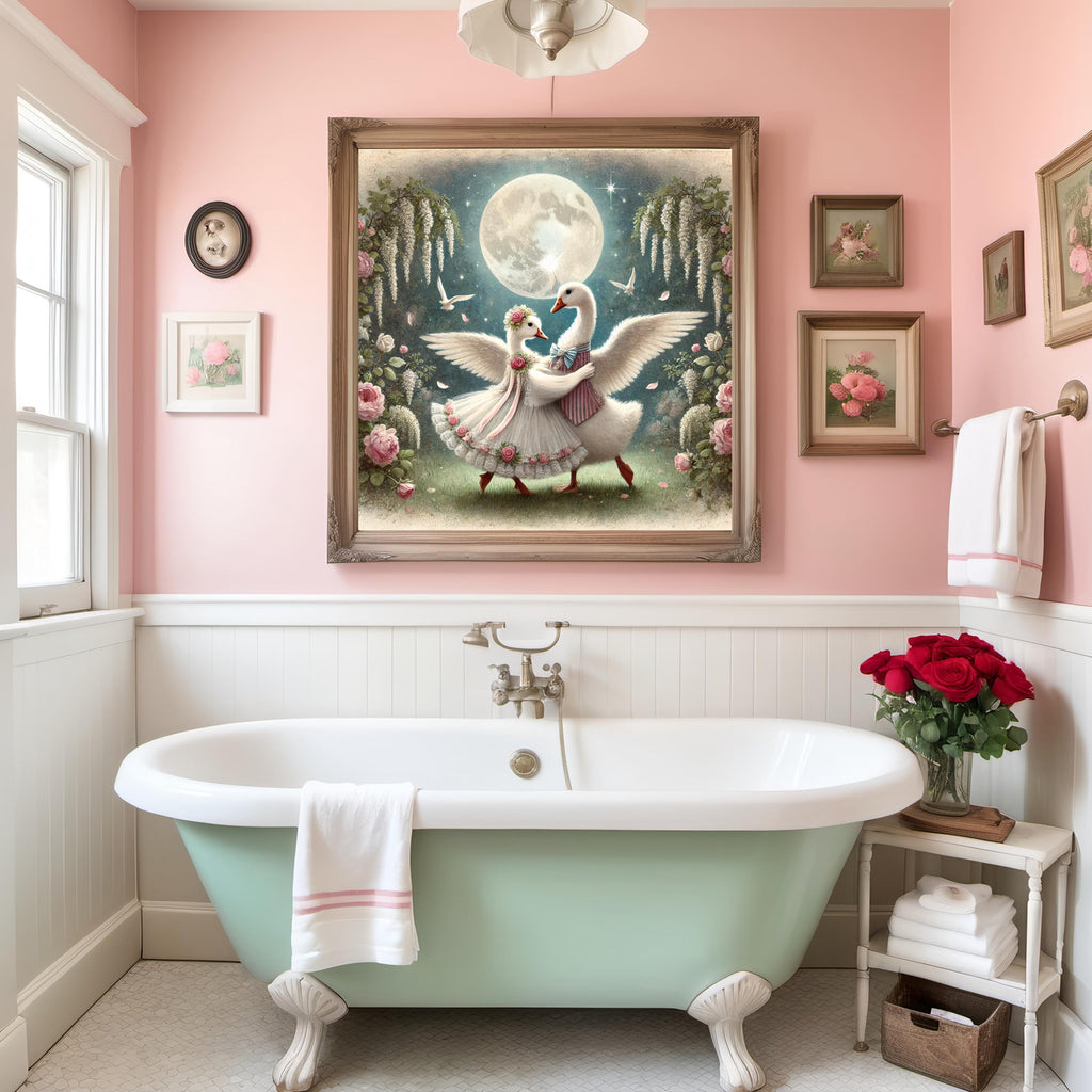 Goose Moonlight Dance Art Print, Vintage Romantic Garden (Digital Download)