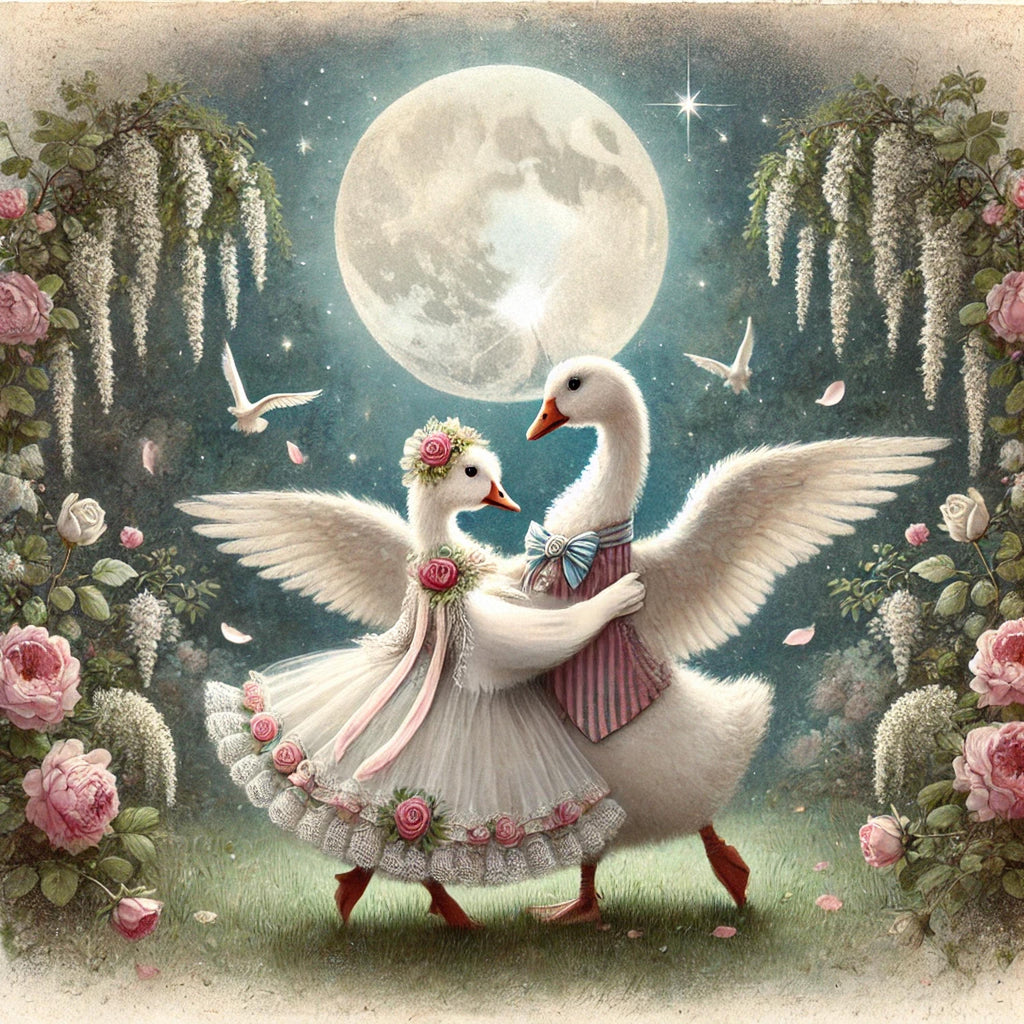 Goose Moonlight Dance Art Print, Vintage Romantic Garden (Digital Download)
