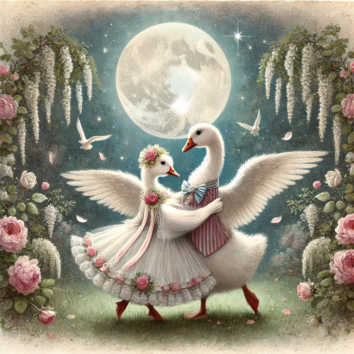 Goose Moonlight Dance Art Print, Vintage Romantic Garden (Digital Download)