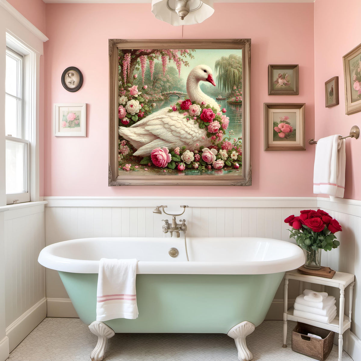 Rose Garden Goose Wall Art Vintage Floral Goose Painting Romantic Cottagecore Digital Download