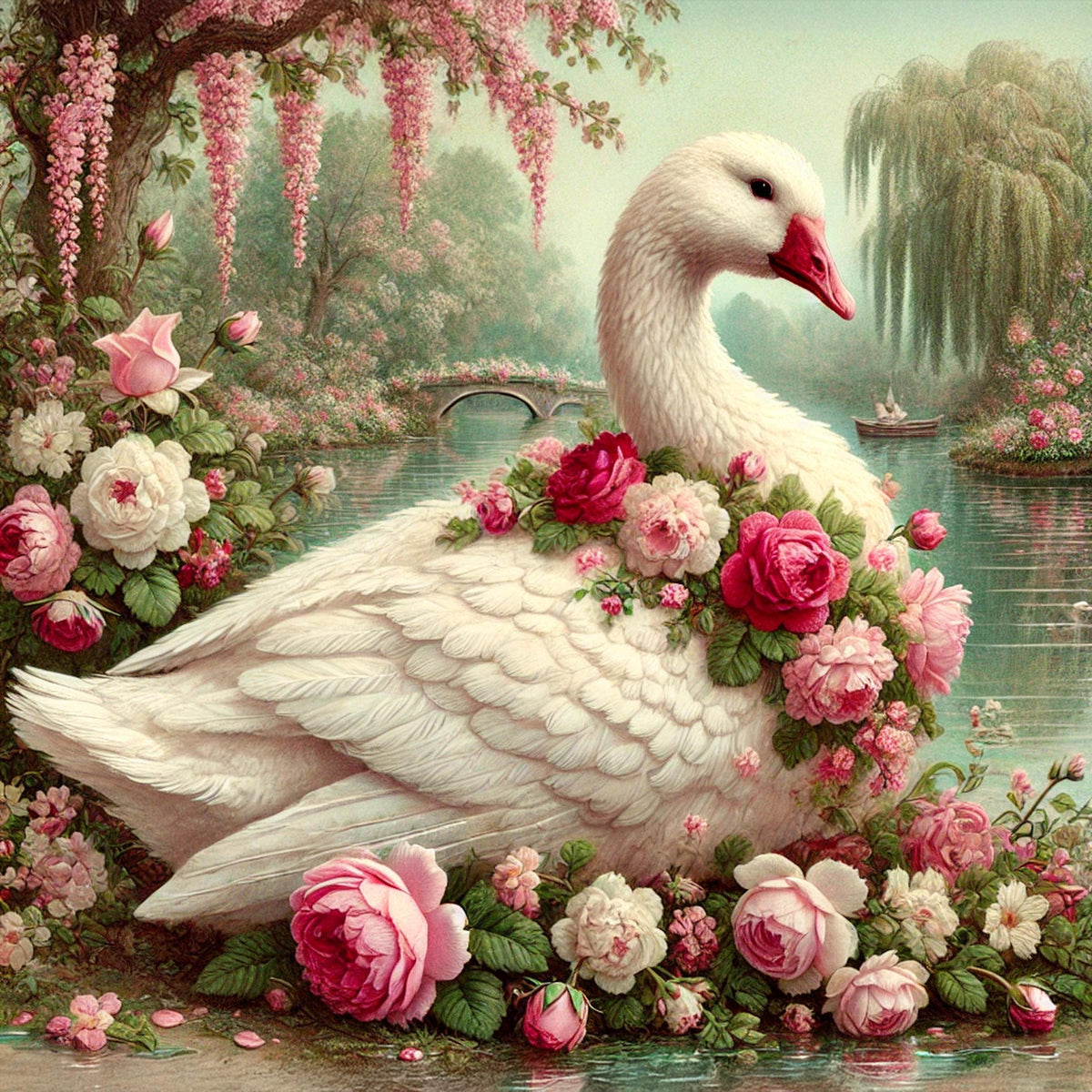Rose Garden Goose Wall Art Vintage Floral Goose Painting Romantic Cottagecore Digital Download