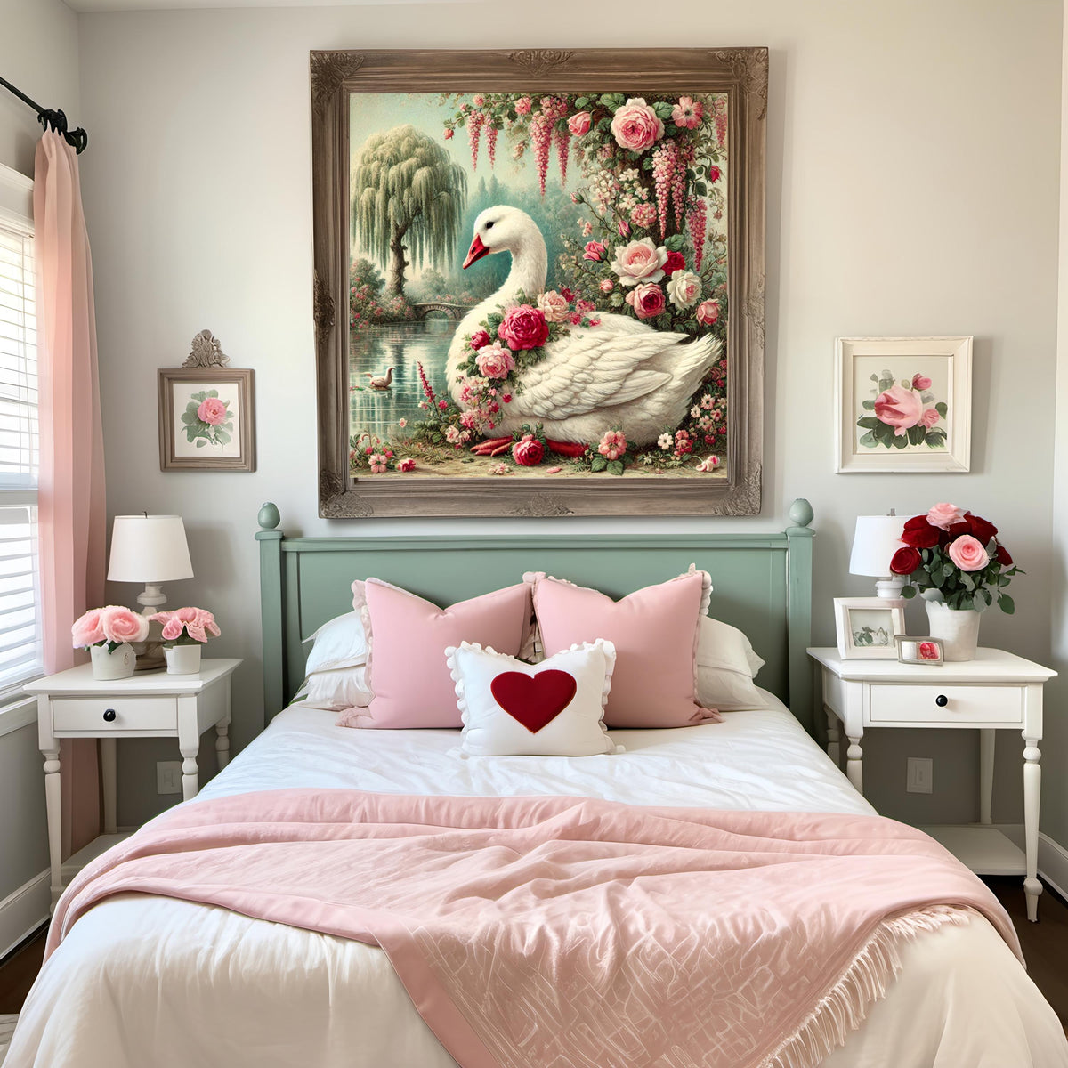 Vintage Goose Rose Garden Painting, Cottagecore Swan Art (Digital Download)