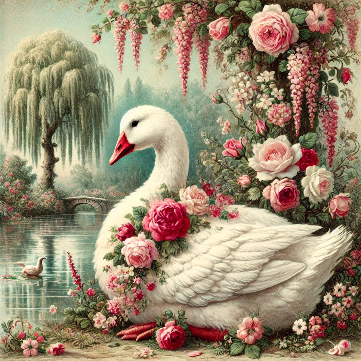 Vintage Goose Rose Garden Painting, Cottagecore Swan Art (Digital Download)