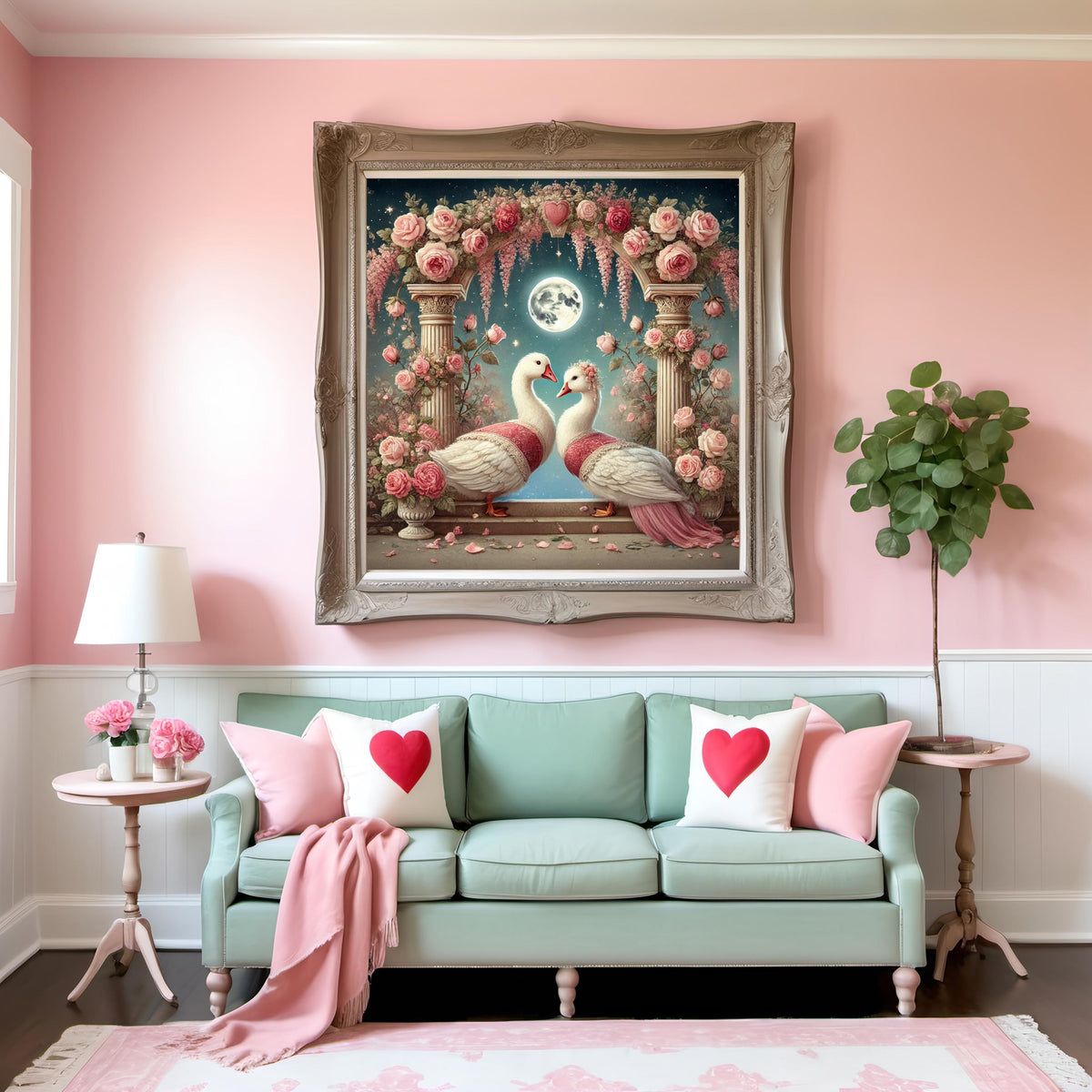 Vintage Goose Wedding Wall Art Romantic Moonlight Floral Arch Digital Download Whimsical Love Print
