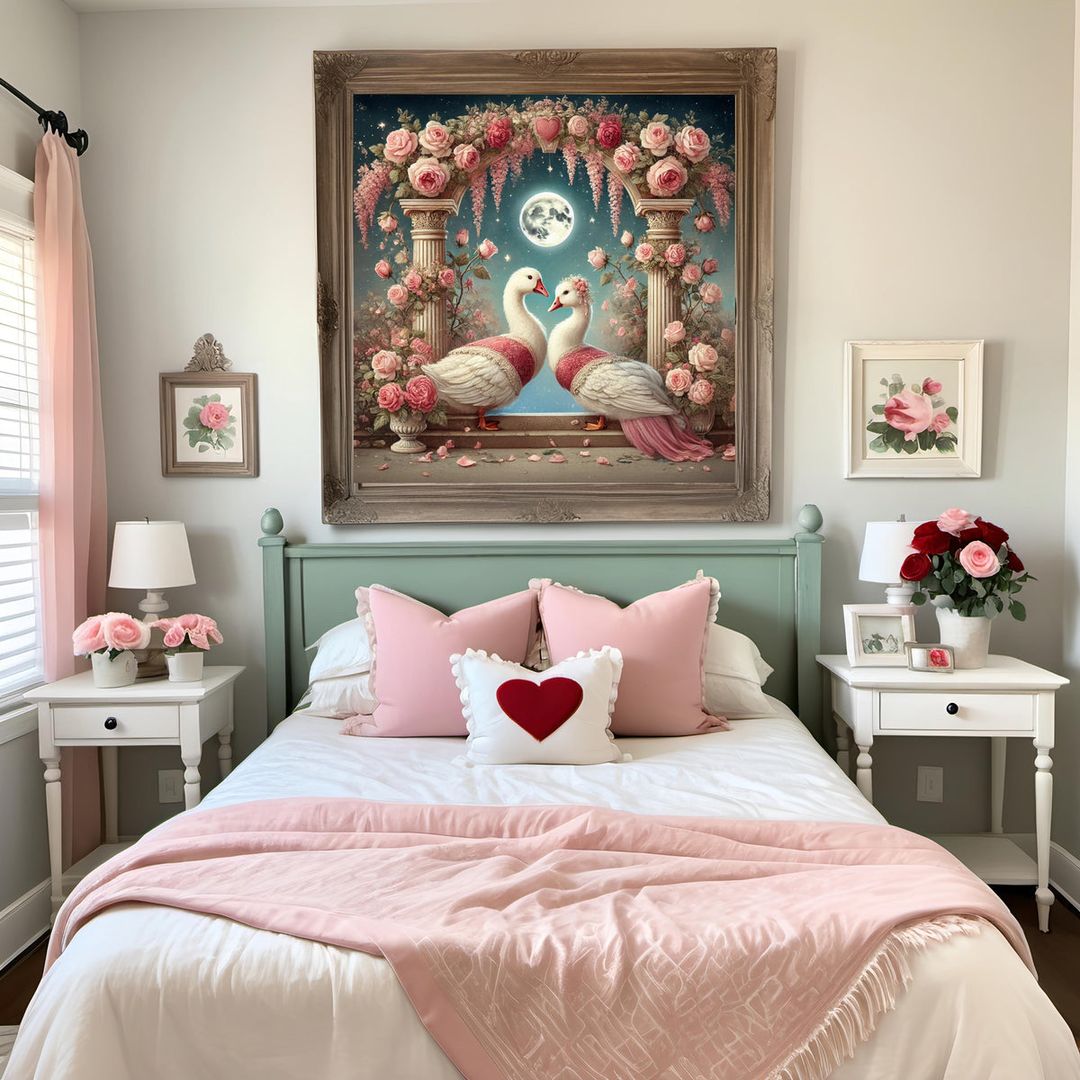 Vintage Goose Wedding Wall Art Romantic Moonlight Floral Arch Digital Download Whimsical Love Print