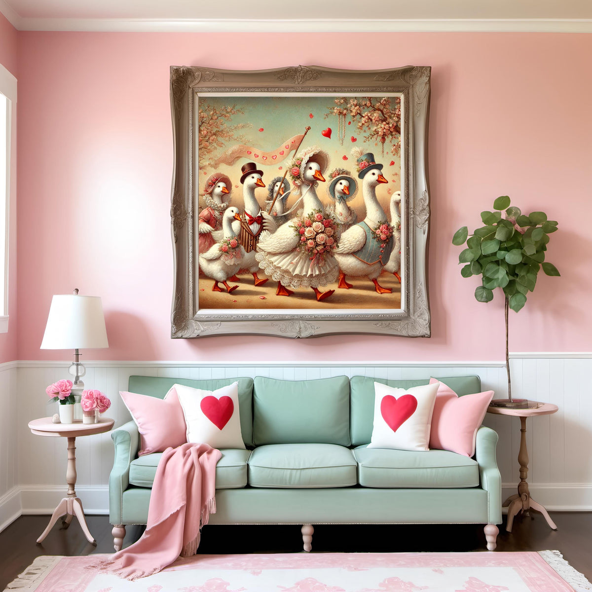 Vintage Goose Parade Print: Whimsical Valentine Wedding Art (Digital Download)
