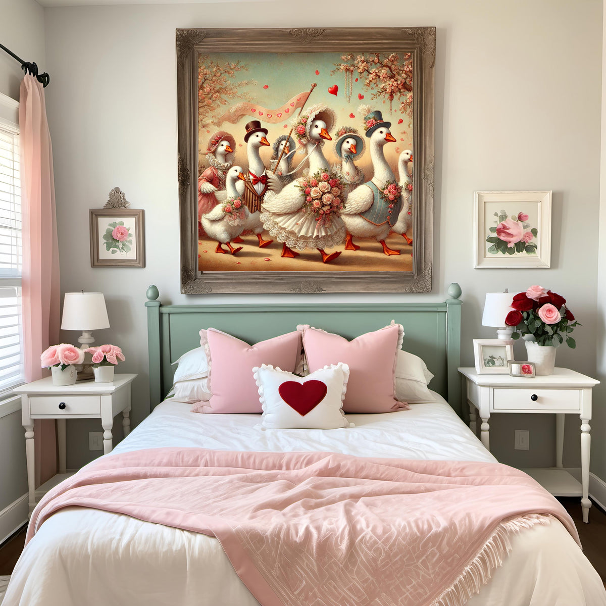 Vintage Goose Parade Print: Whimsical Valentine Wedding Art (Digital Download)