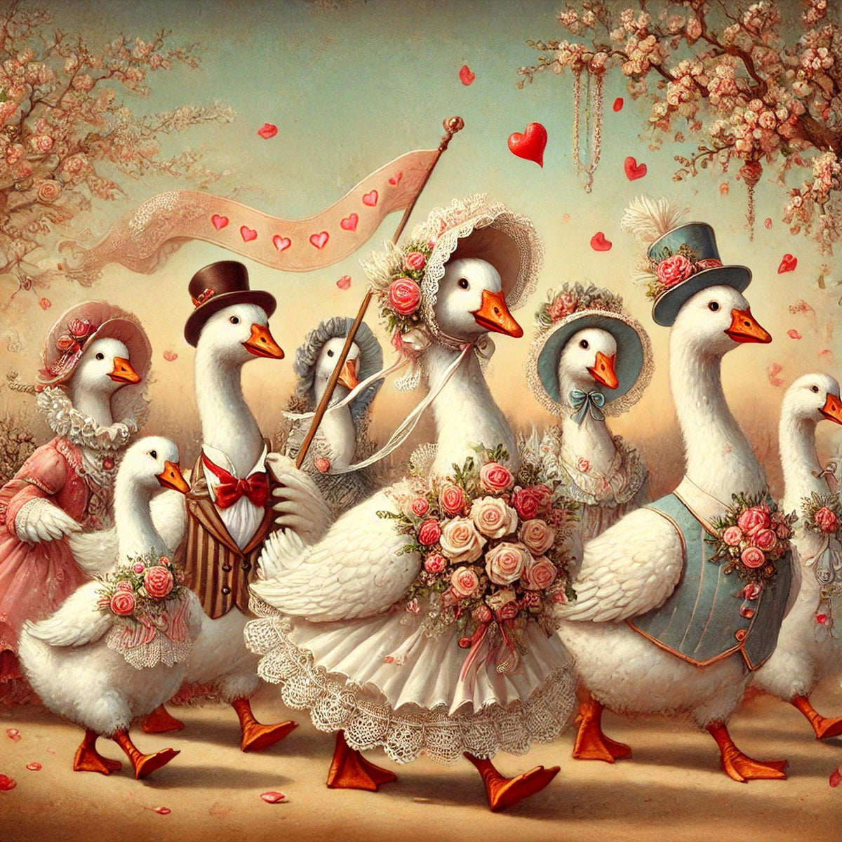 Vintage Goose Parade Print: Whimsical Valentine Wedding Art (Digital Download)