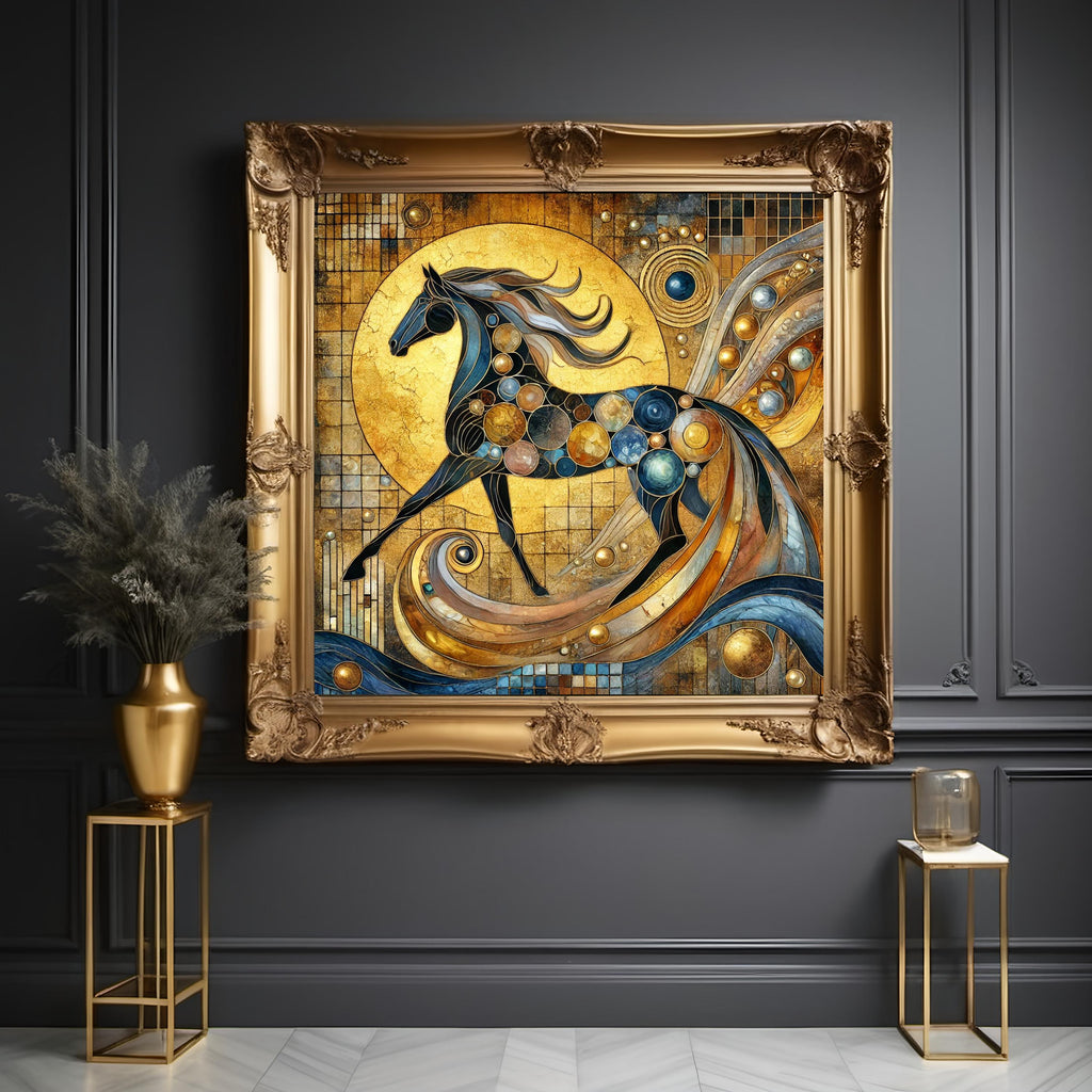 Klimt Inspired Gold Mosaic Horse Symbolic New Year Decor Digital Art (Digital Download)