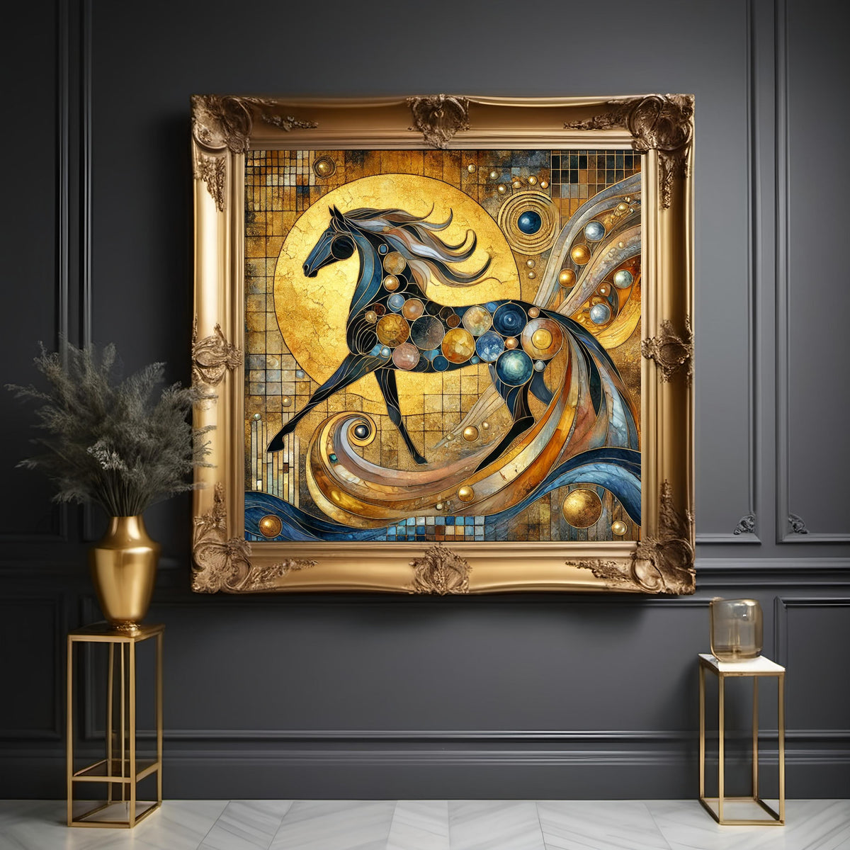Klimt Inspired Gold Mosaic Horse Symbolic New Year Decor Digital Art (Digital Download)