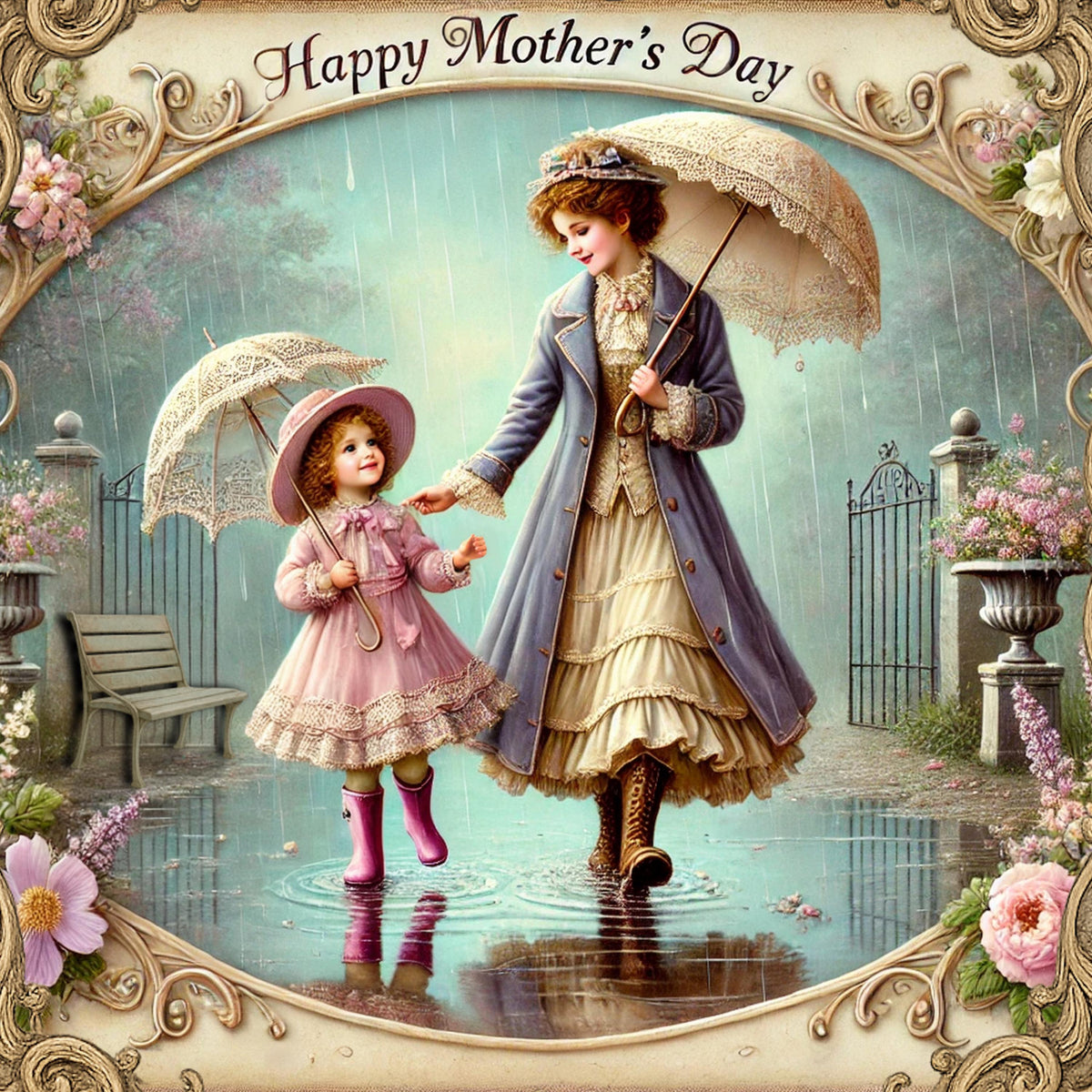Vintage Mother's Day Art: Victorian Mother & Daughter in Rain (Digital Download)