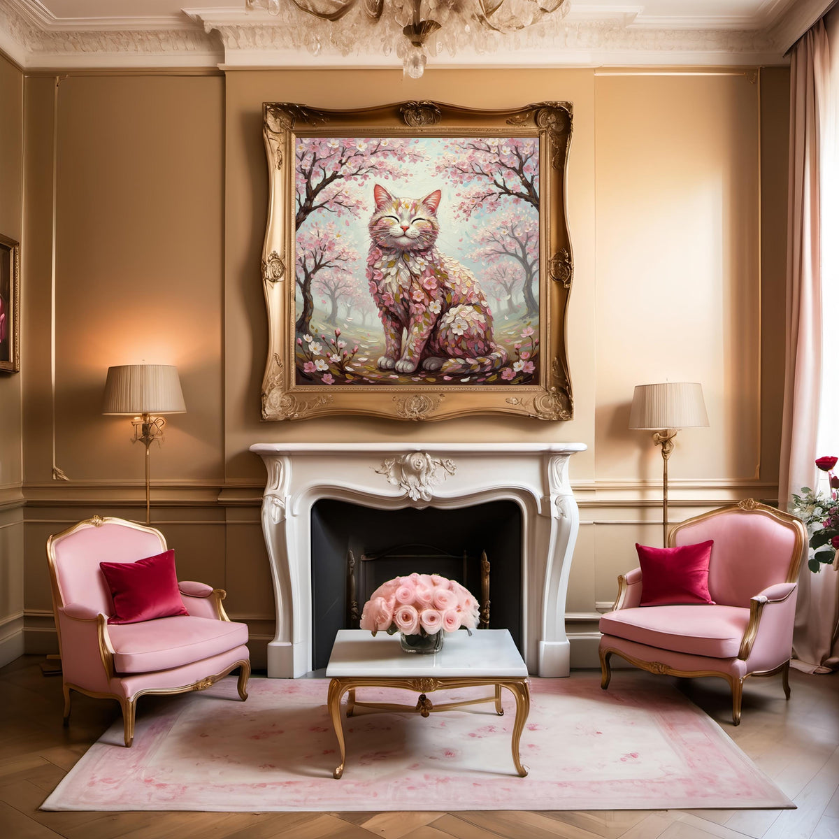 Cherry Blossom Cat Art: Vintage Floral Impressionist Painting (Digital Download)
