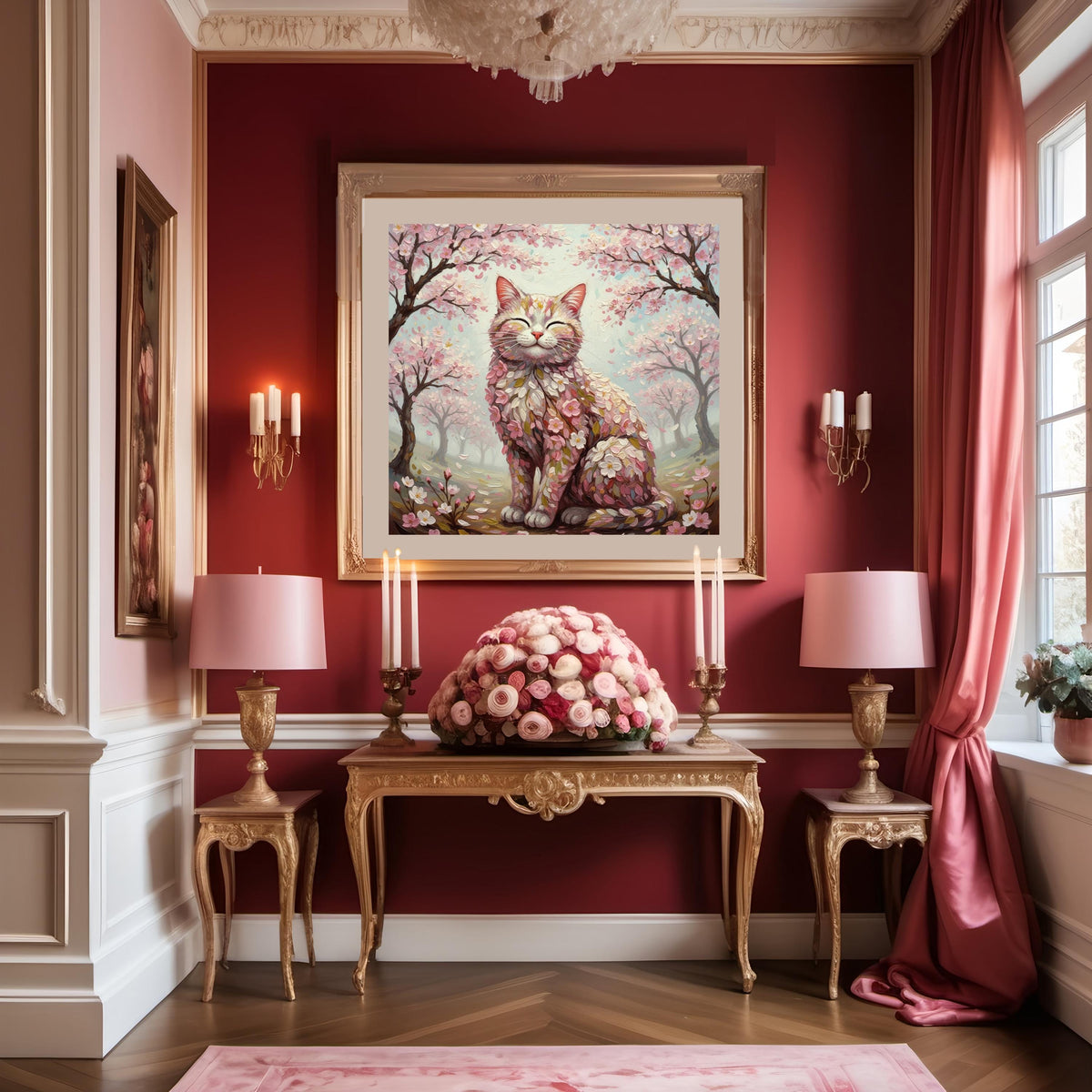 Cherry Blossom Cat Art: Vintage Floral Impressionist Painting (Digital Download)