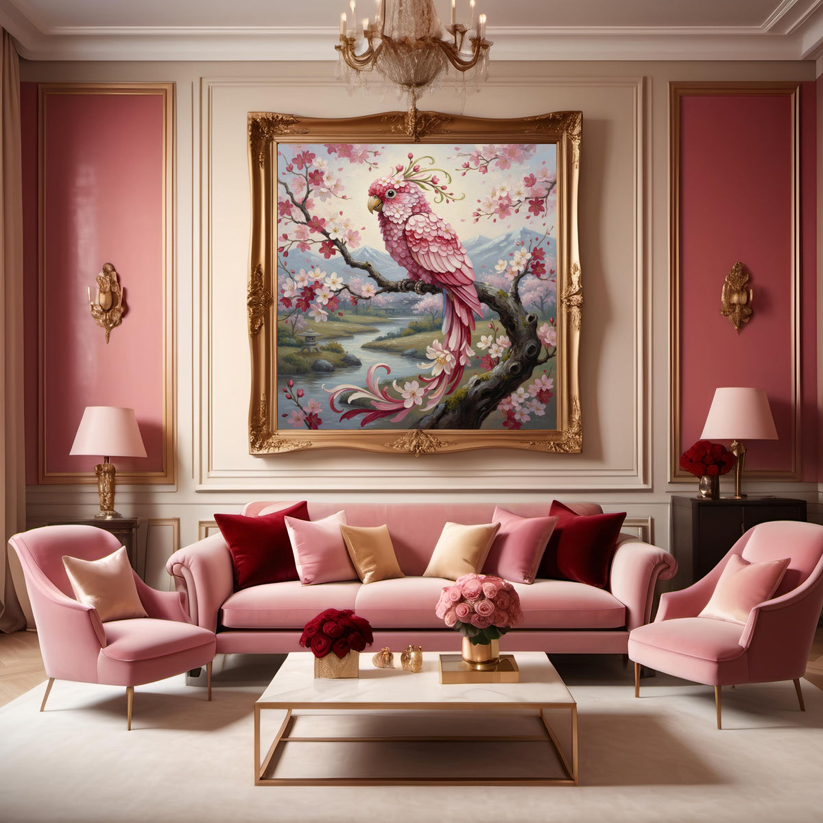 Pink Parrot & Cherry Blossom Art Print, Vintage Oil Painting Style (Digital Download)