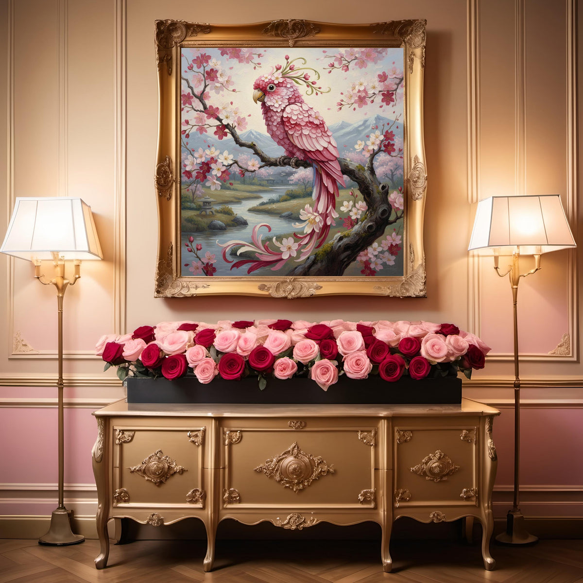 Pink Parrot & Cherry Blossom Art Print, Vintage Oil Painting Style (Digital Download)
