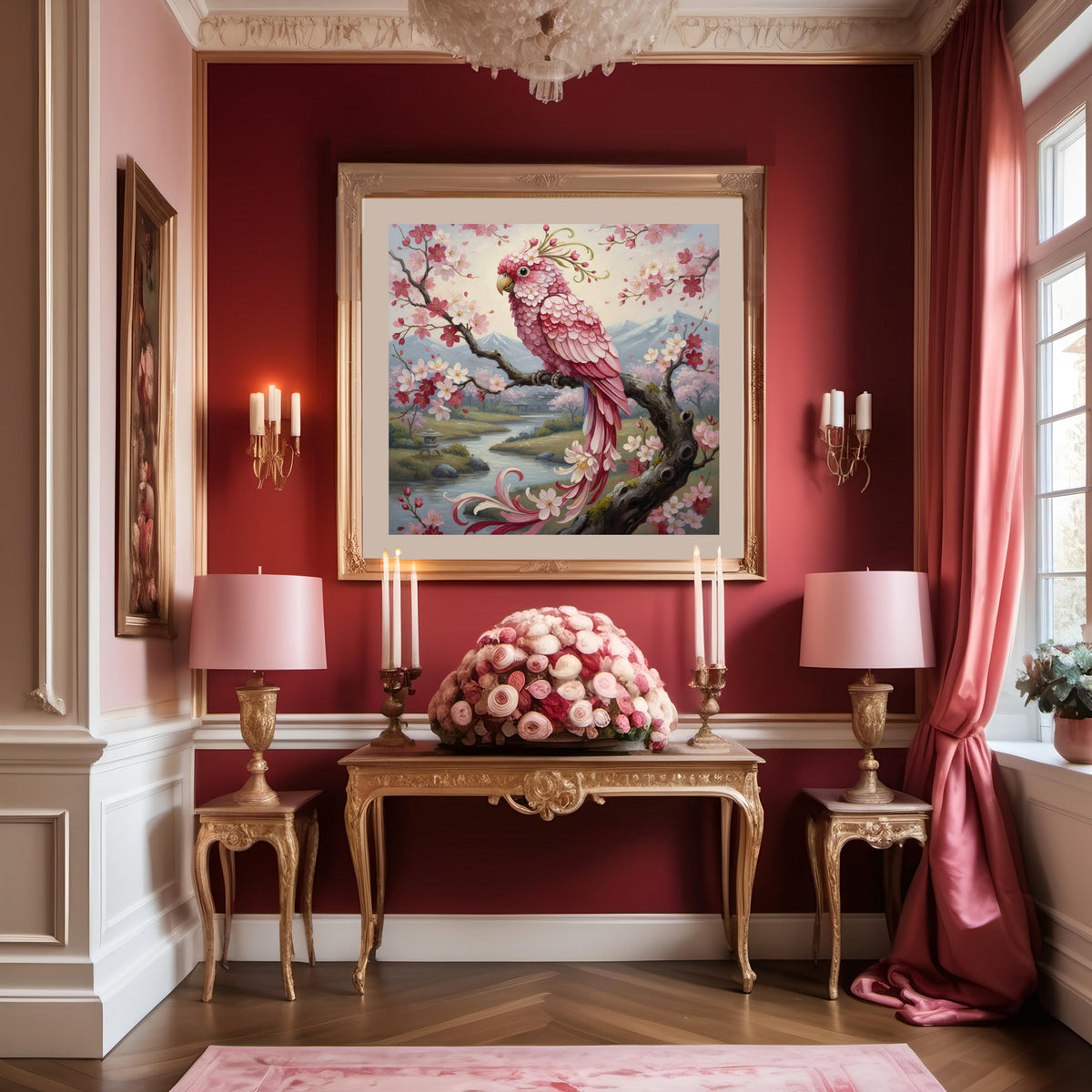 Pink Parrot & Cherry Blossom Art Print, Vintage Oil Painting Style (Digital Download)