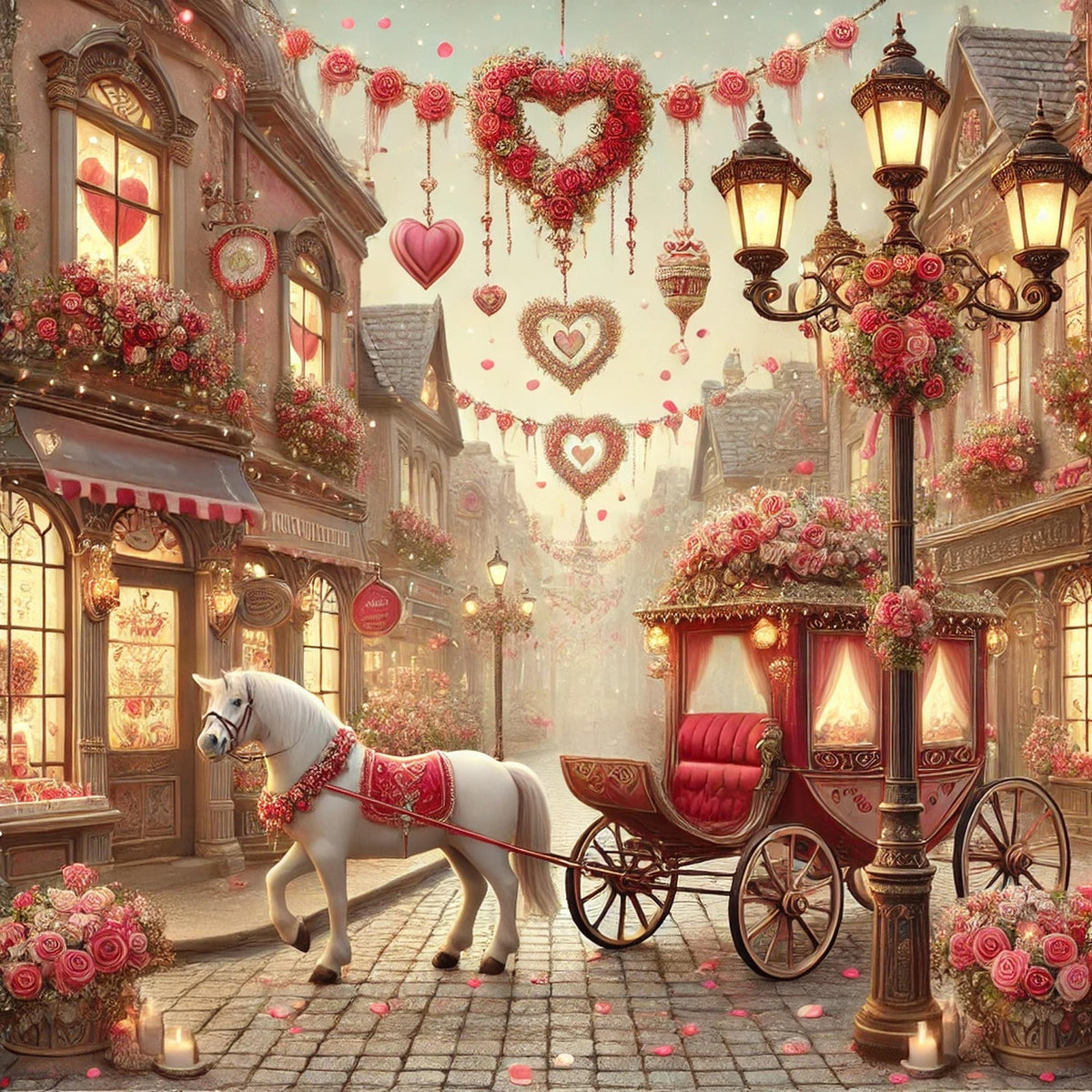 Valentine's Day Village Print: Horse Carriage, Romantic Street Scene (Digital Download)