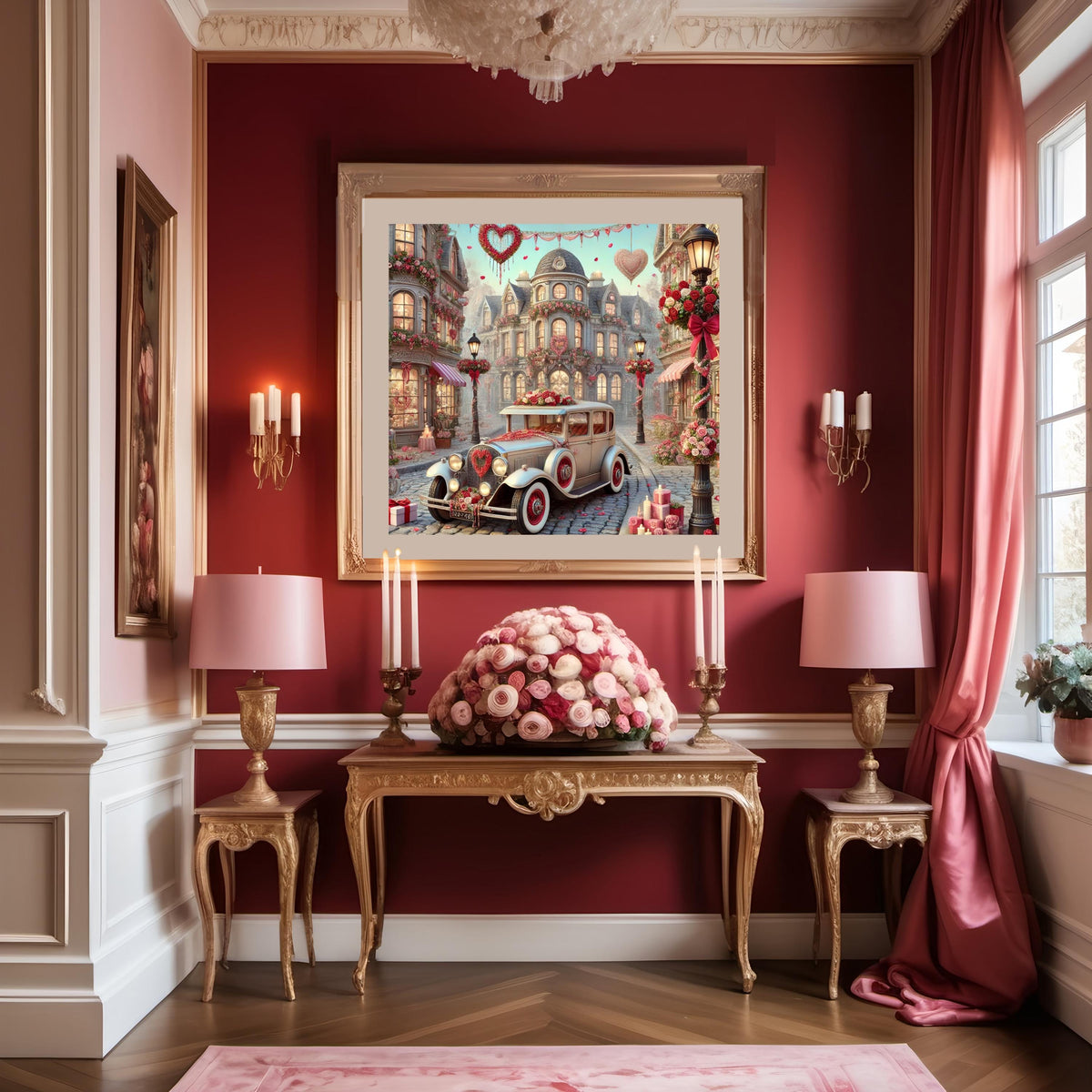 Valentine Village Car Scene Art, Romantic Oil Painting Style (Digital Download)