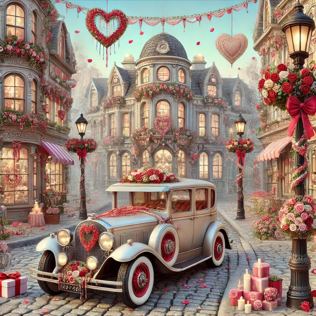 Valentine Village Car Scene Art, Romantic Oil Painting Style (Digital Download)