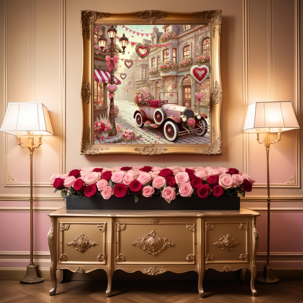 Valentine's Day Village Car Art Print, Romantic Oil Painting Style (Digital Download)