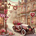 Valentine's Day Village Car Art Print, Romantic Oil Painting Style (Digital Download)