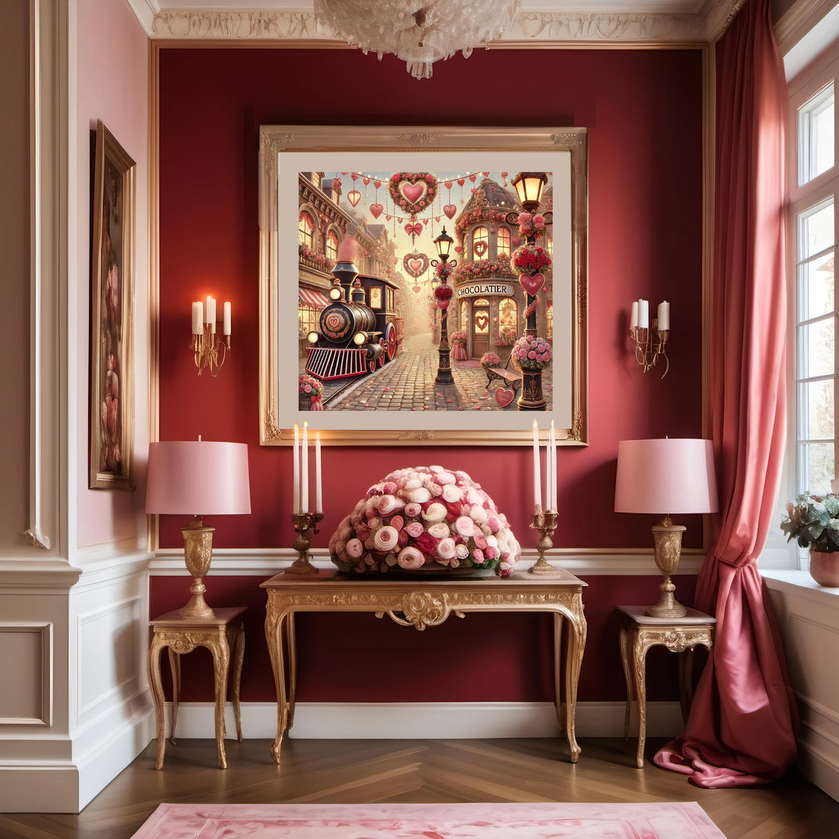 Valentine Village Train Art Print: Romantic Oil Painting Style (Digital Download)