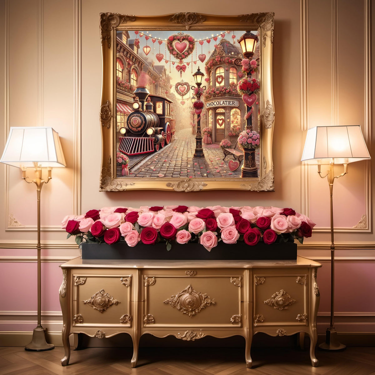 Valentine Village Train Art Print: Romantic Oil Painting Style (Digital Download)
