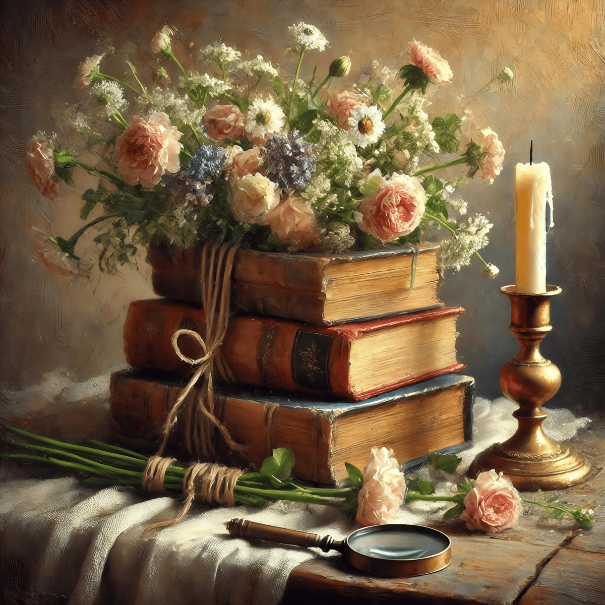 Antique Book Still Life Painting: Romantic Vintage Floral Candlelight Wall Art (Printable Digital Download)