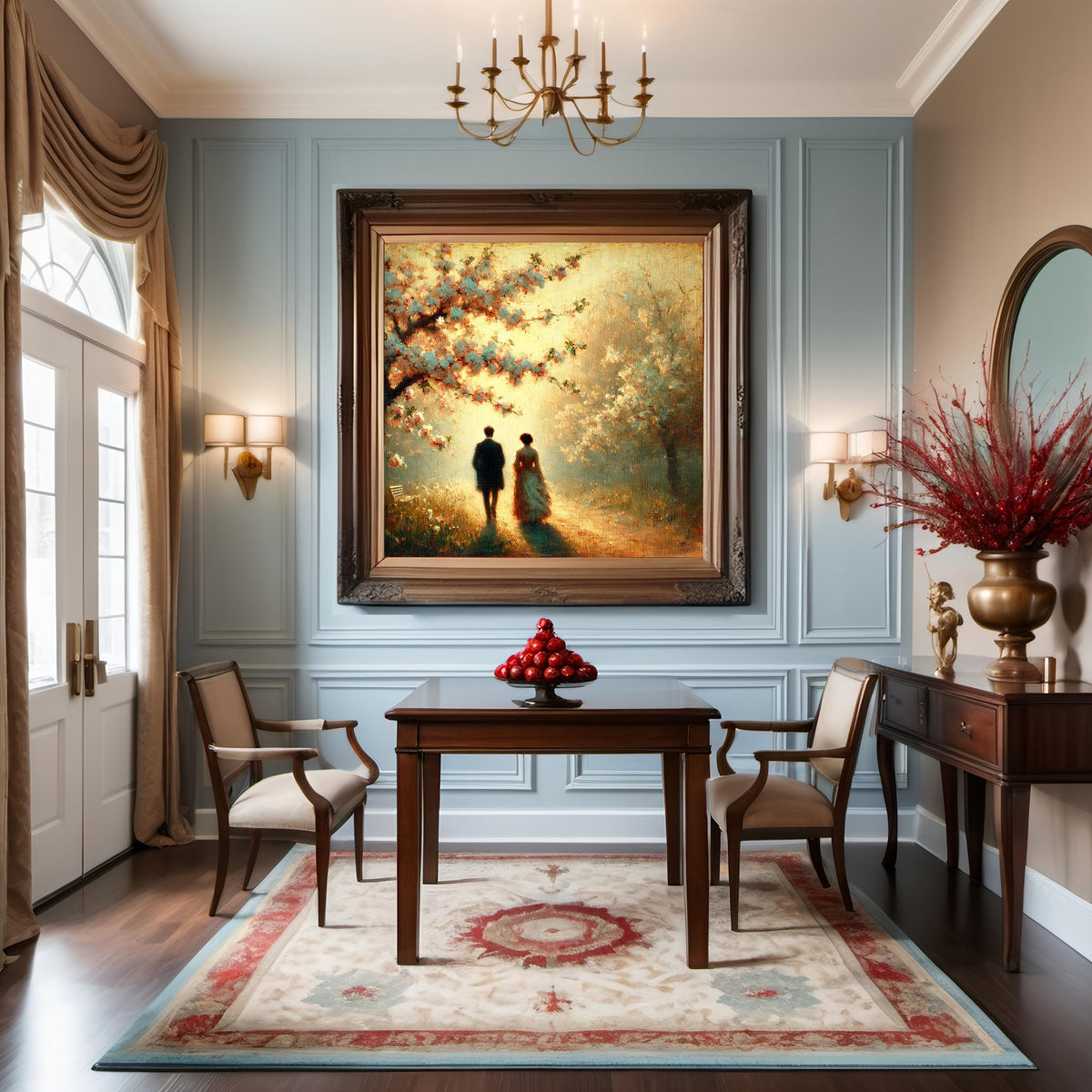 Romantic Couple Strolling Beneath Blossoms Vintage Impressionist Love Oil Painting Printable Digital Download