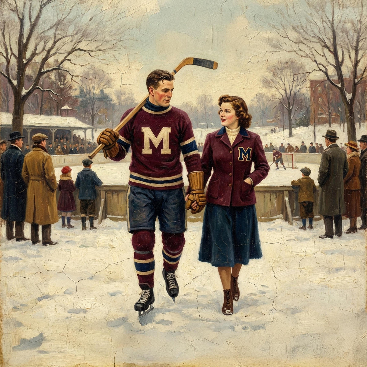 Vintage Hockey Romance Painting, Winter Ice Rink Couple (Digital Art Download)
