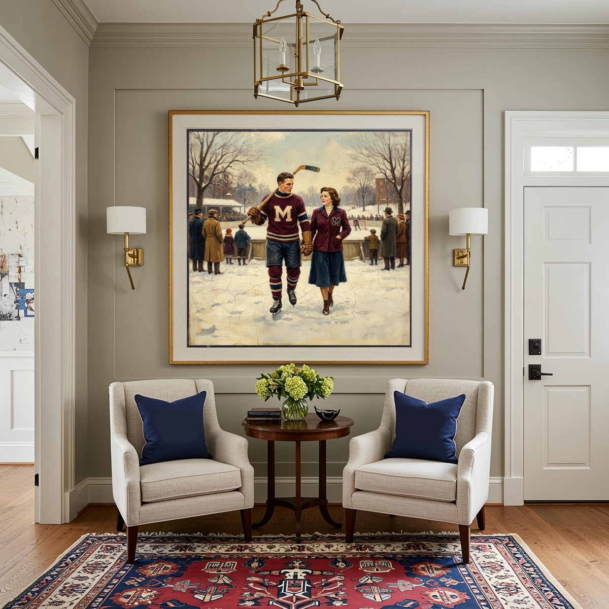Vintage Hockey Romance Painting, Winter Ice Rink Couple (Digital Art Download)