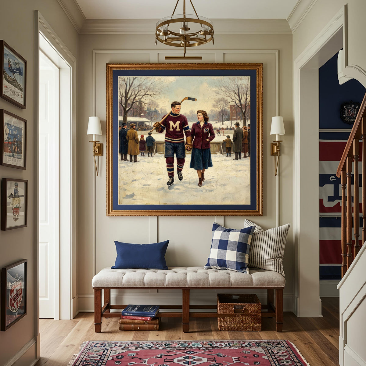 Vintage Hockey Romance Painting, Winter Ice Rink Couple (Digital Art Download)