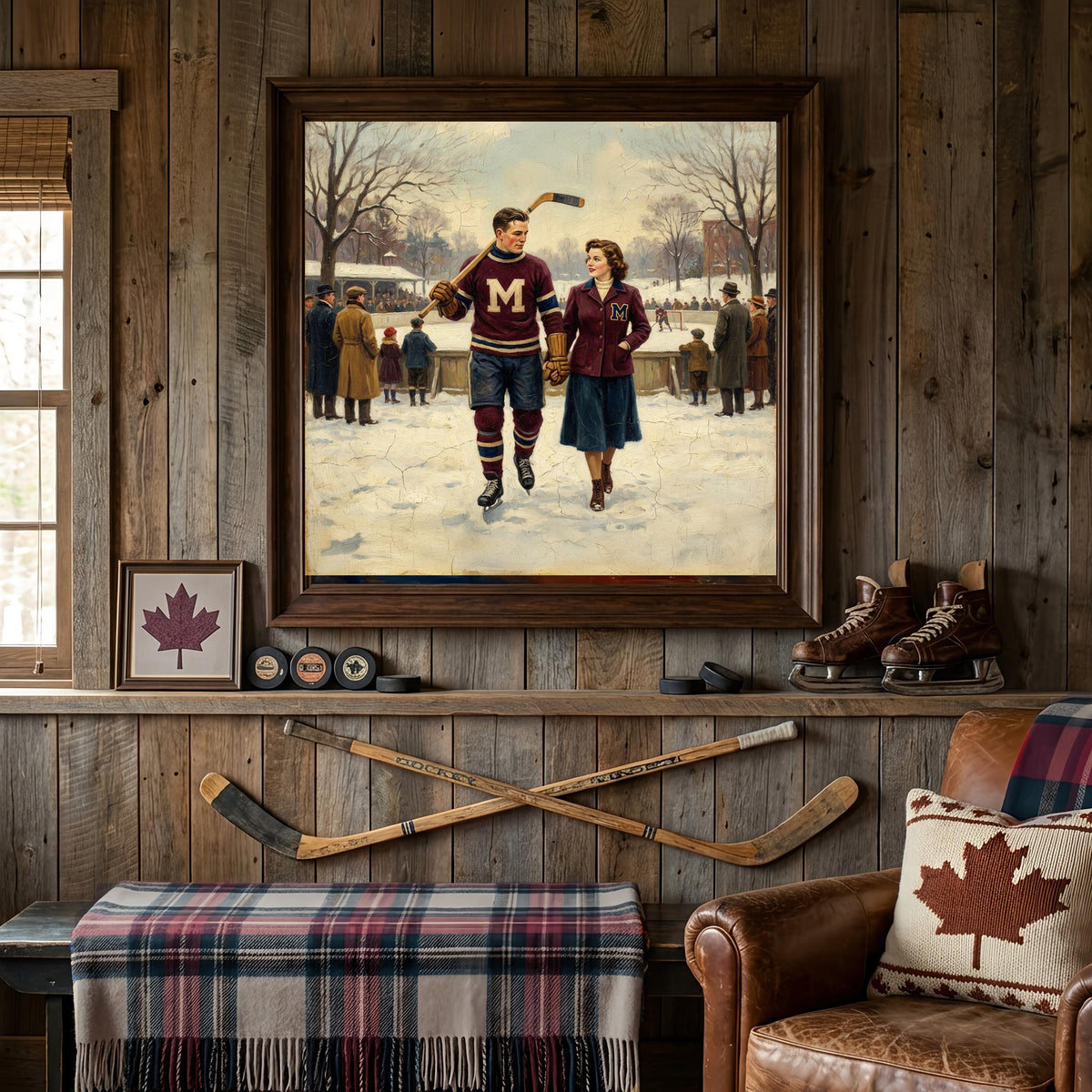 Vintage Hockey Romance Painting, Winter Ice Rink Couple (Digital Art Download)