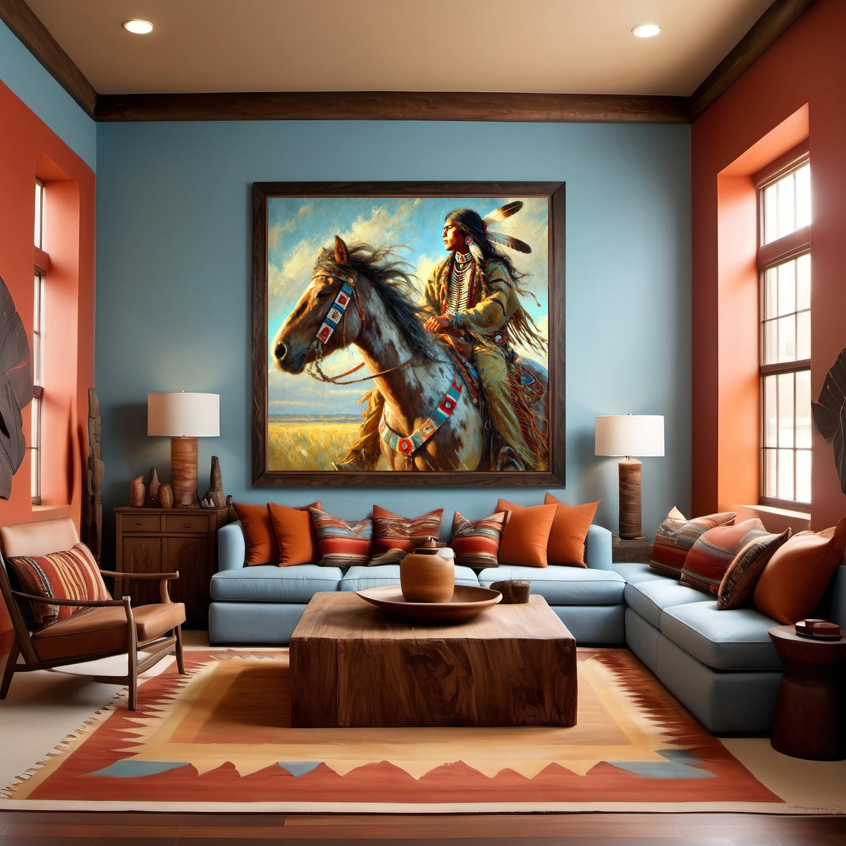 Guardian of the Open Plains Indigenous Horse Rider Oil Painting Native American Leadership Spirit Art (Printable Digital Download)