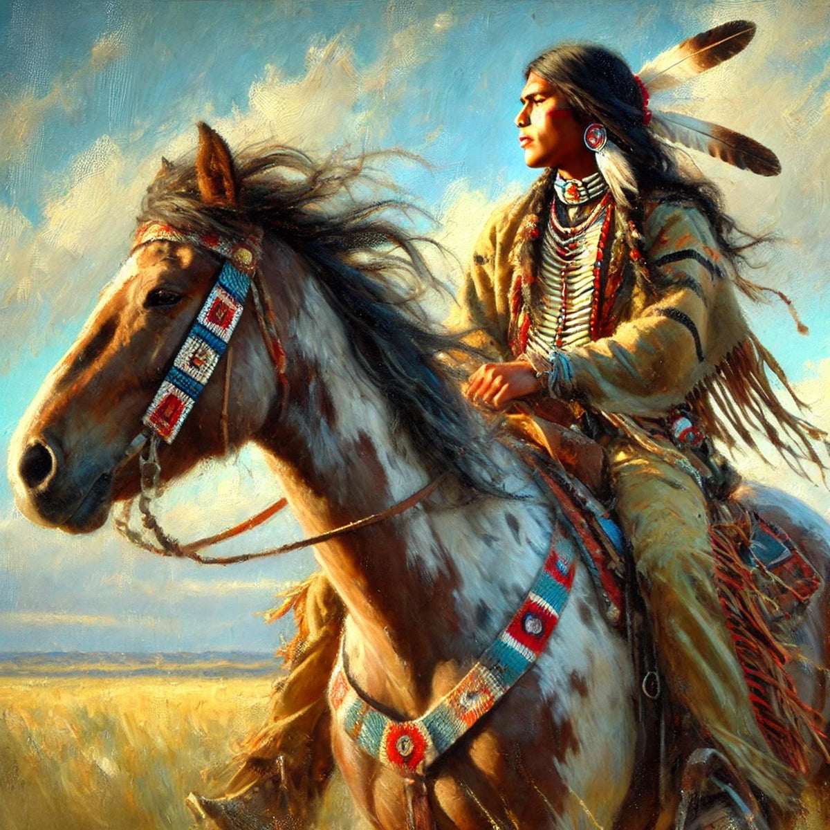 Guardian of the Open Plains Indigenous Horse Rider Oil Painting Native American Leadership Spirit Art (Printable Digital Download)