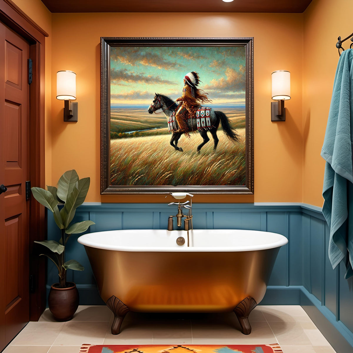 Indigenous Horse Rider at Sunrise Oil Painting Digital Art Native American Journey Wall Art Vintage Home Decor (Printable Digital Download)