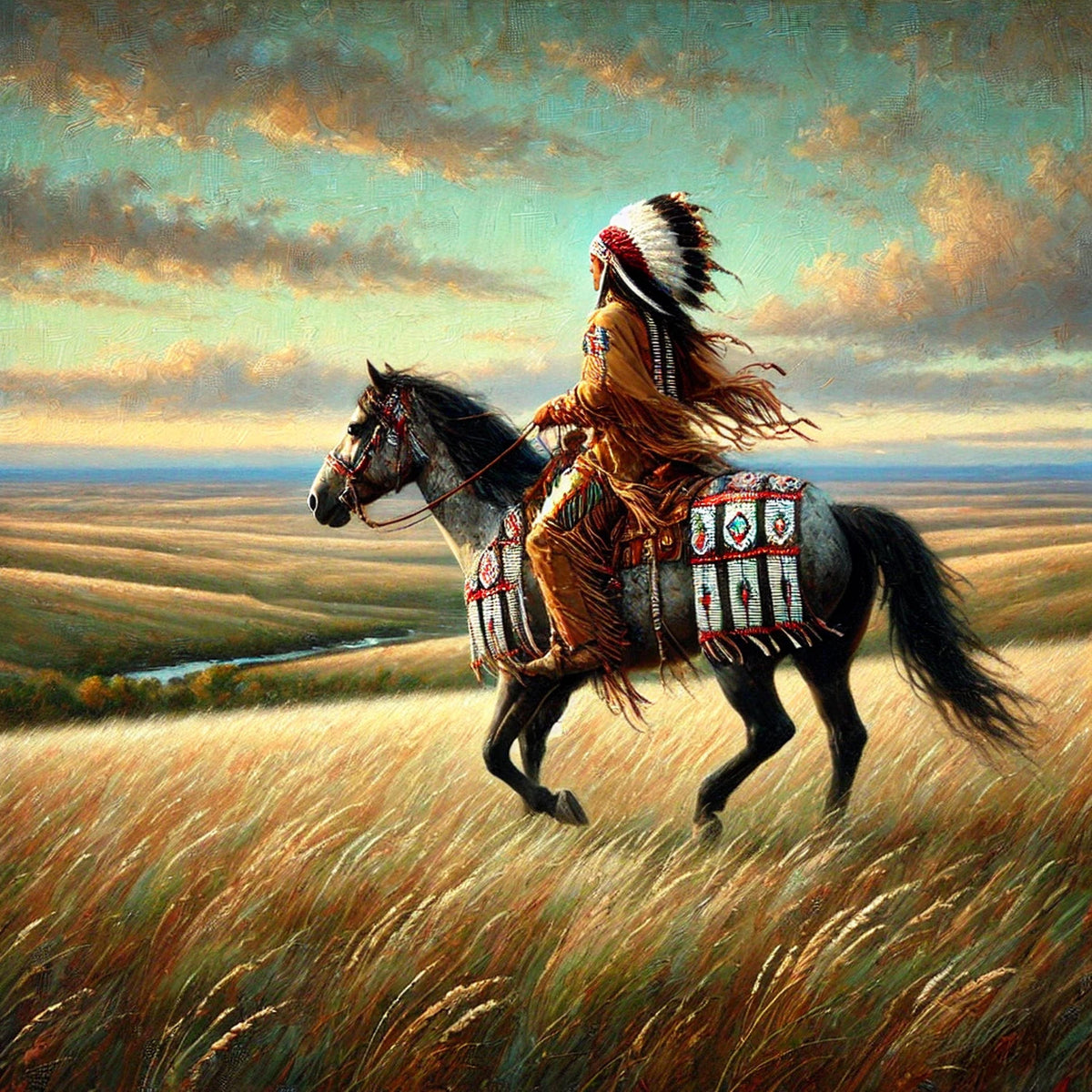 Indigenous Horse Rider at Sunrise Oil Painting Digital Art Native American Journey Wall Art Vintage Home Decor (Printable Digital Download)