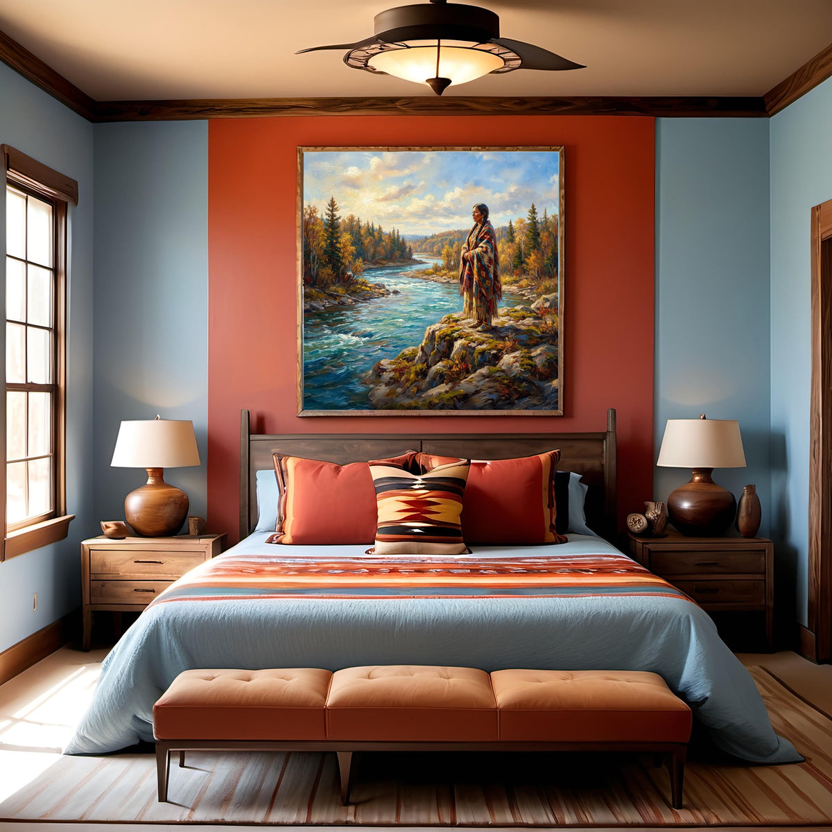 Native American Woman River Oil Painting Landscape Spiritual Nature Art Indigenous Figure Wall Art (Printable Digital Download)
