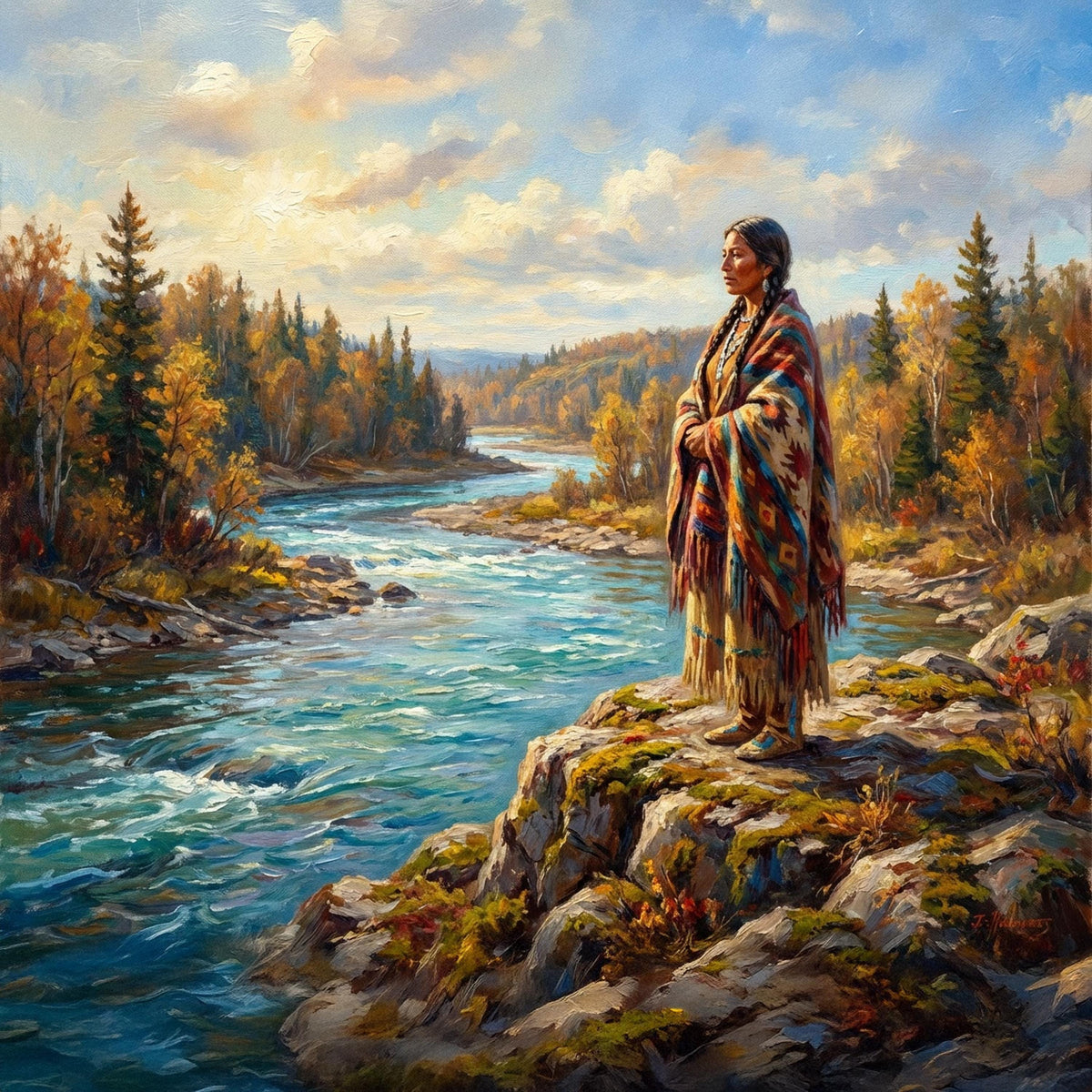 Native American Woman River Oil Painting Landscape Spiritual Nature Art Indigenous Figure Wall Art (Printable Digital Download)