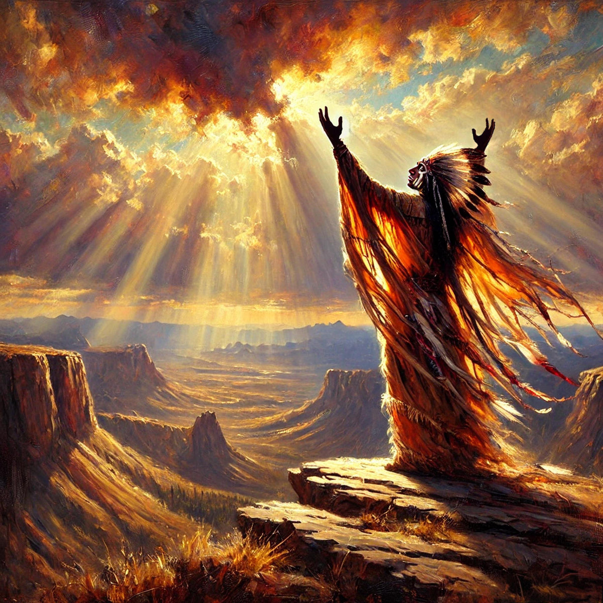 Indigenous Prayer at Sunrise Oil Painting Digital Art Native American Spiritual Wall Art Vintage Home Decor (Printable Digital Download)