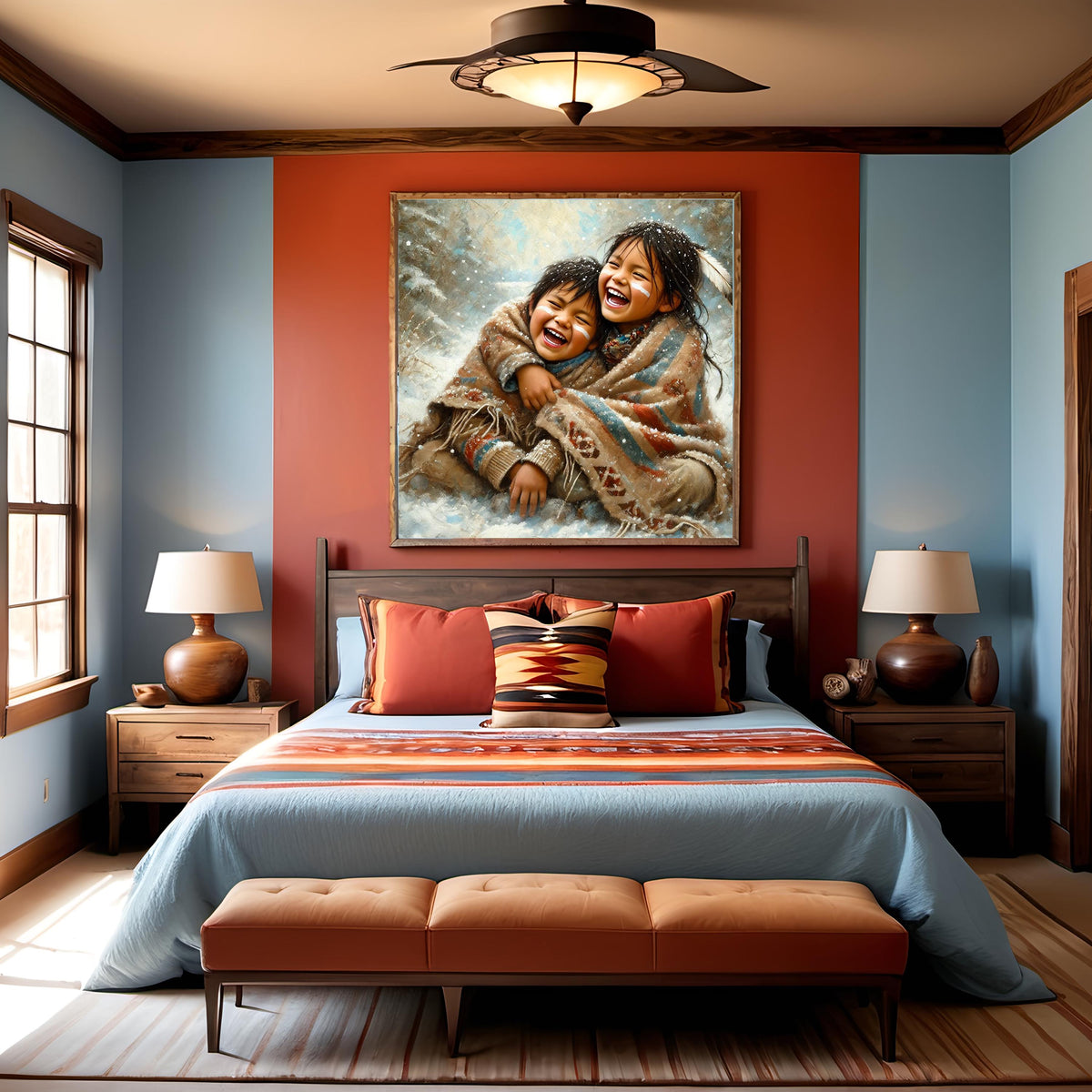 Indigenous Children Joy Oil Painting Native American Siblings Winter Childhood (Printable Digital Download)
