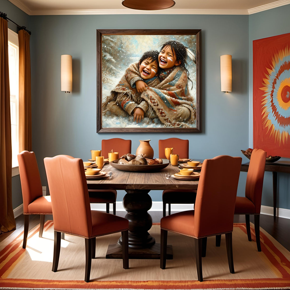 Indigenous Children Joy Oil Painting Native American Siblings Winter Childhood (Printable Digital Download)