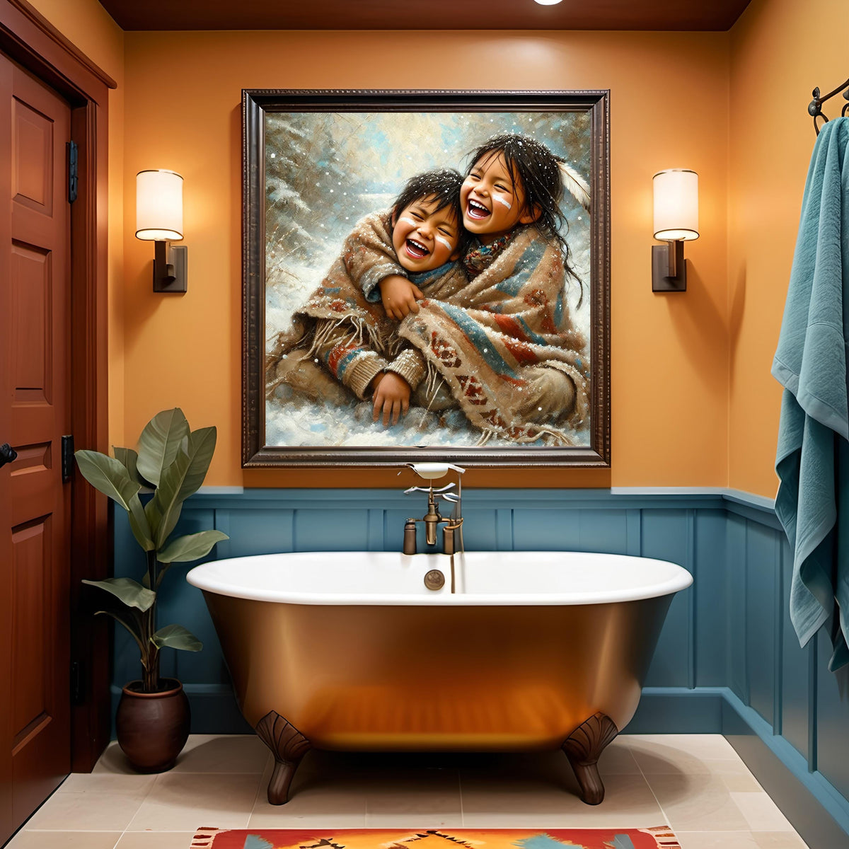 Indigenous Children Joy Oil Painting Native American Siblings Winter Childhood (Printable Digital Download)