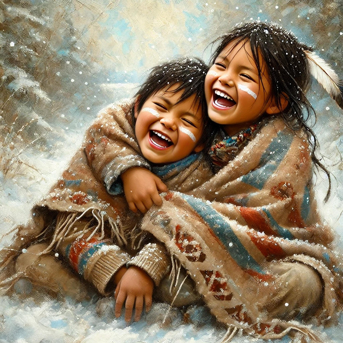 Indigenous Children Joy Oil Painting Native American Siblings Winter Childhood (Printable Digital Download)