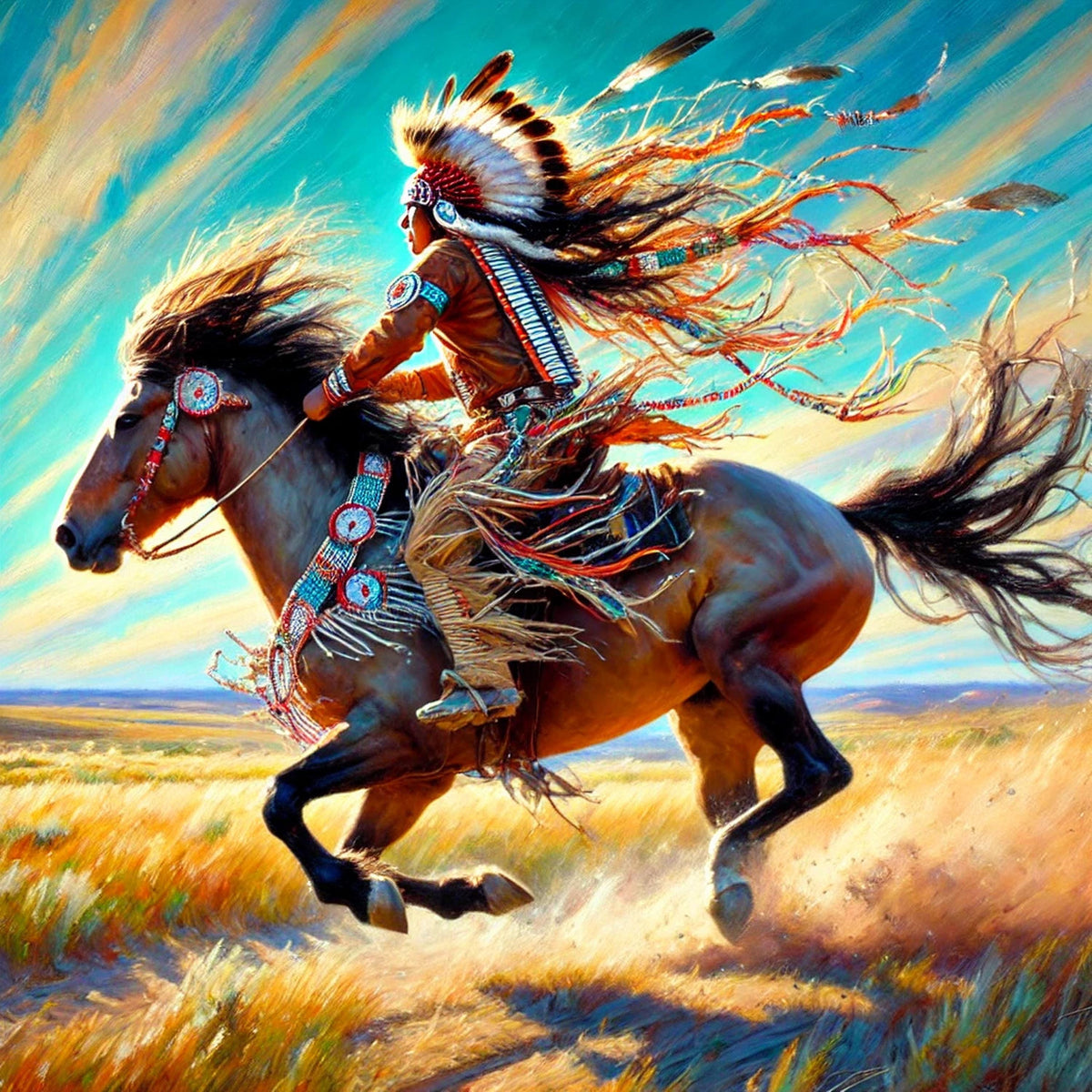 Indigenous Horse Rider Oil Painting Native American Warrior Spirit Digital Art (Printable Instant Download)