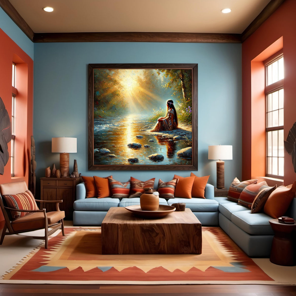 Indigenous Woman River Oil Painting, Spiritual Home Decor (Printable Digital Download)